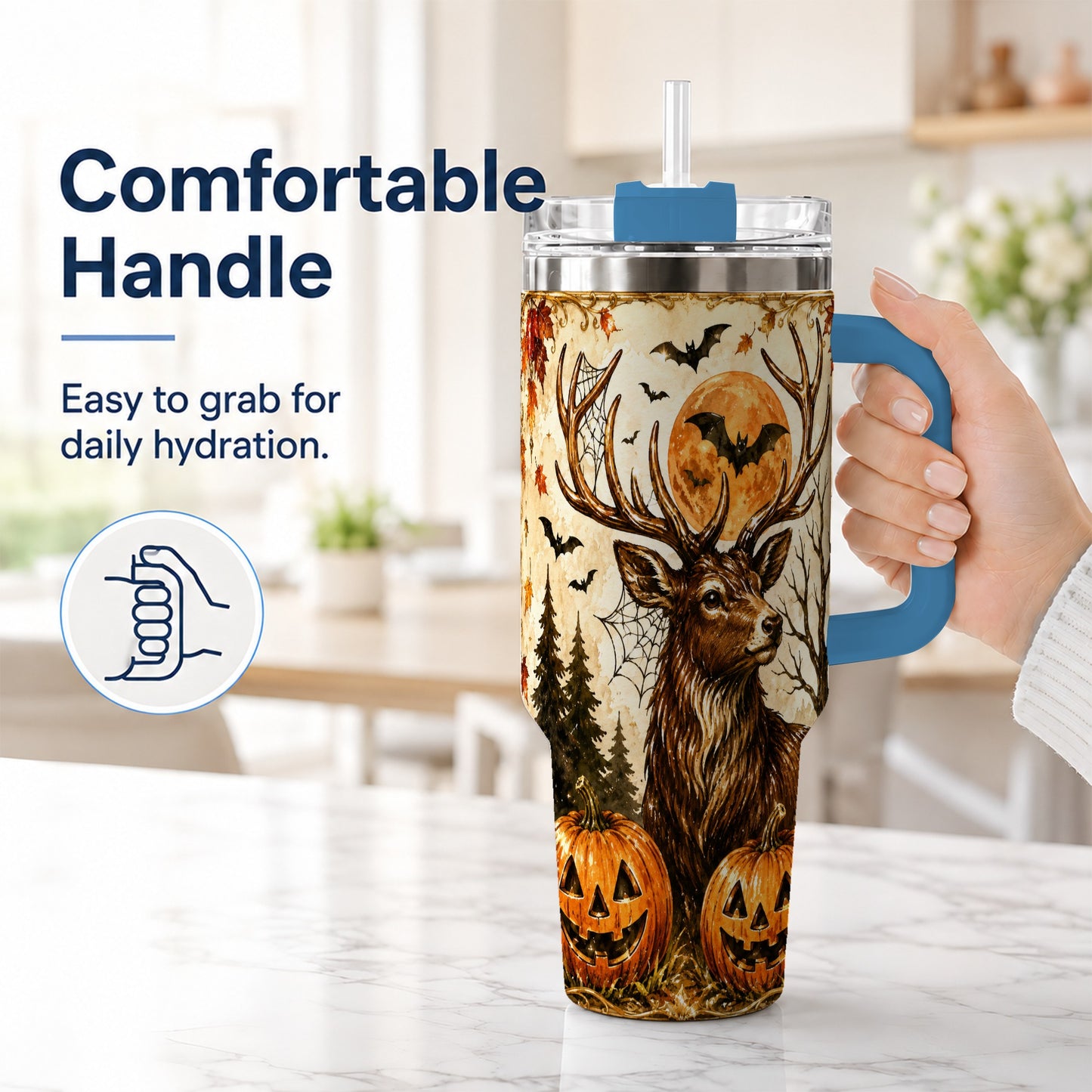 #pl[40oz|Blue] Autumn Deer 40oz Tumbler with Handle, Stainless Steel Tumbler