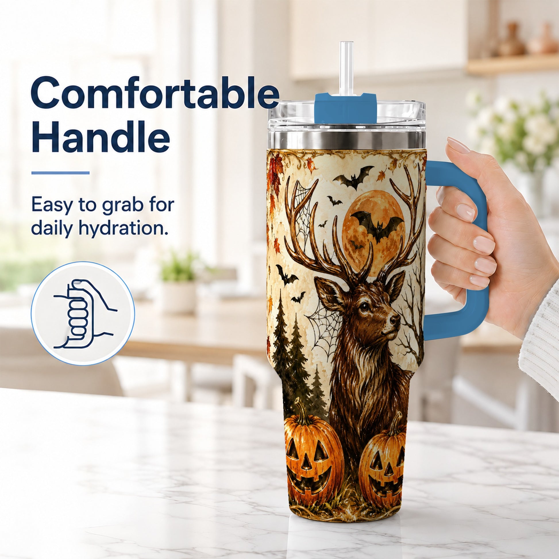 #pl[40oz|Blue] Autumn Deer 40oz Tumbler with Handle, Stainless Steel Tumbler