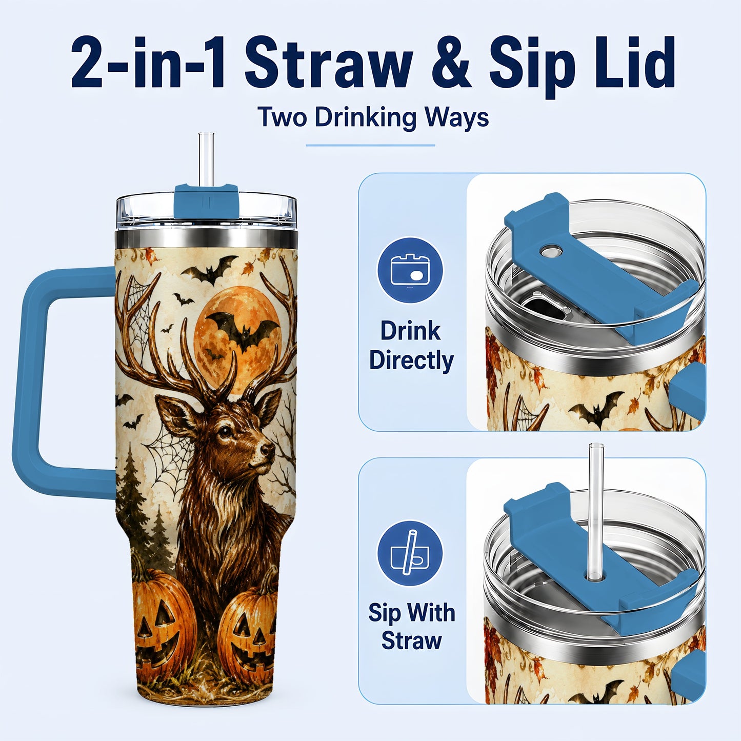 #pl[40oz|Blue] Autumn Deer 40oz Tumbler with Handle, Stainless Steel Tumbler