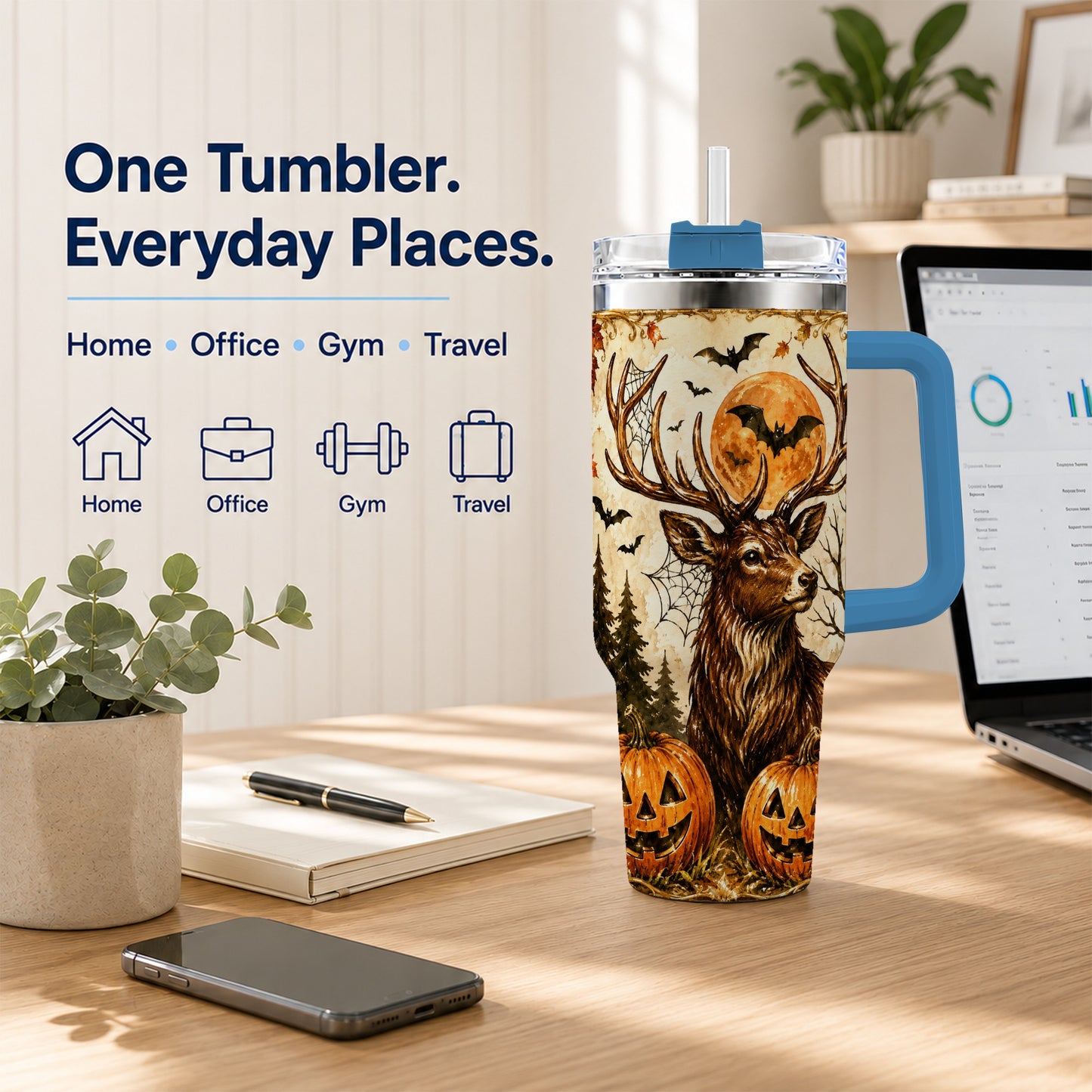 #pl[40oz|Blue] Autumn Deer 40oz Tumbler with Handle, Stainless Steel Tumbler