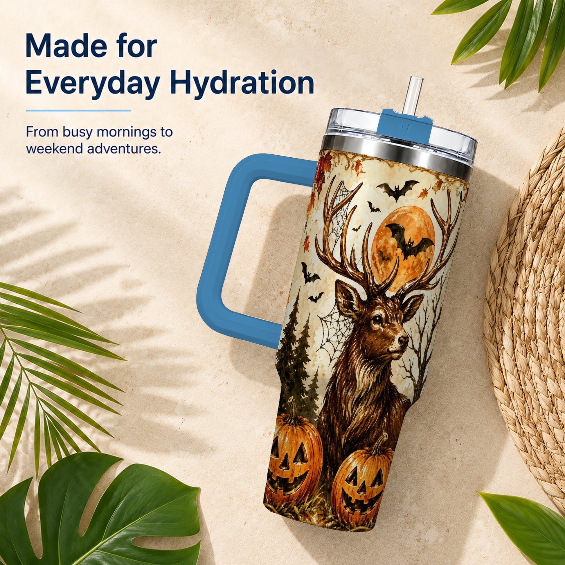 #pl[40oz|Blue] Autumn Deer 40oz Tumbler with Handle, Stainless Steel Tumbler