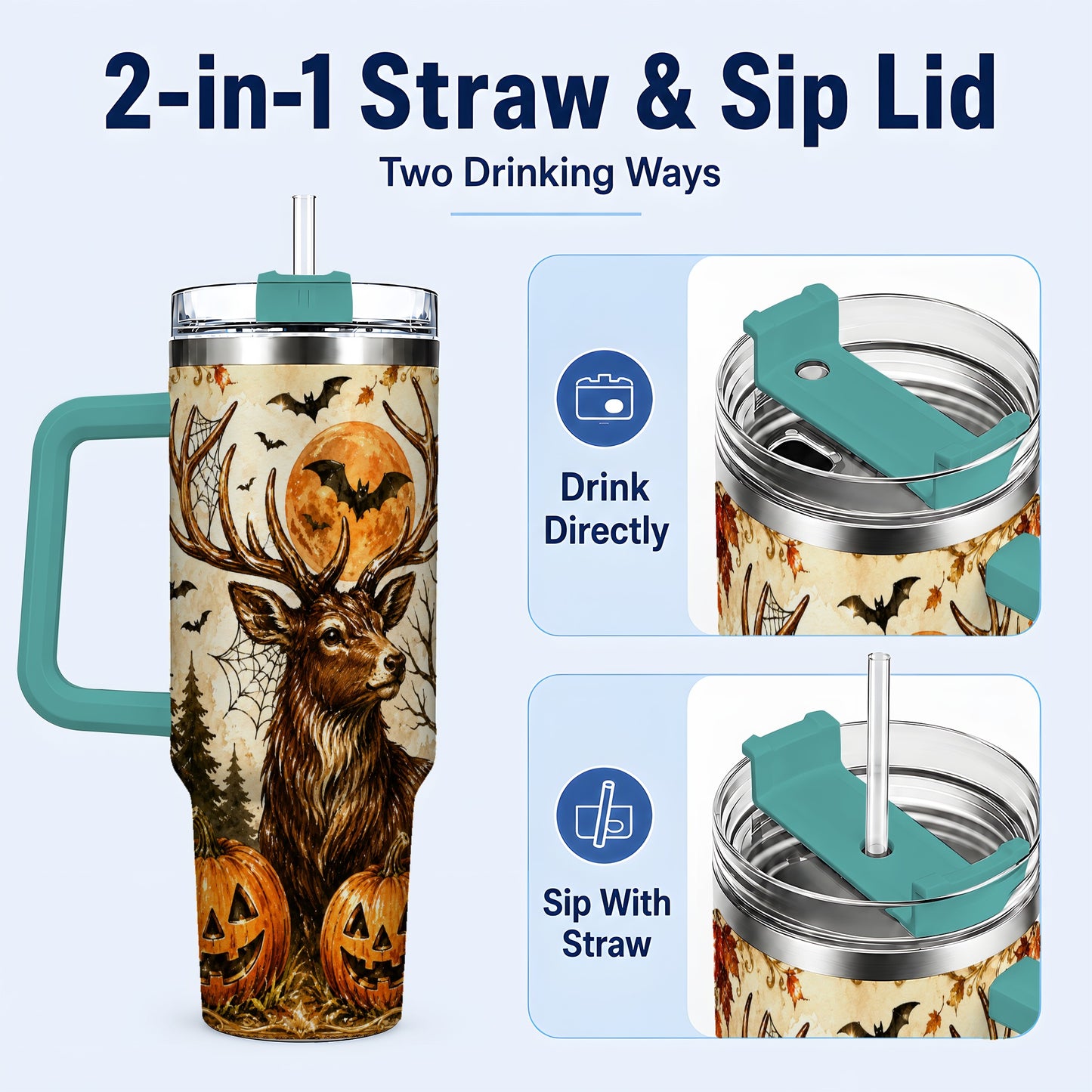 #pl[40oz|Green] Autumn Deer 40oz Tumbler with Handle, Stainless Steel Tumbler