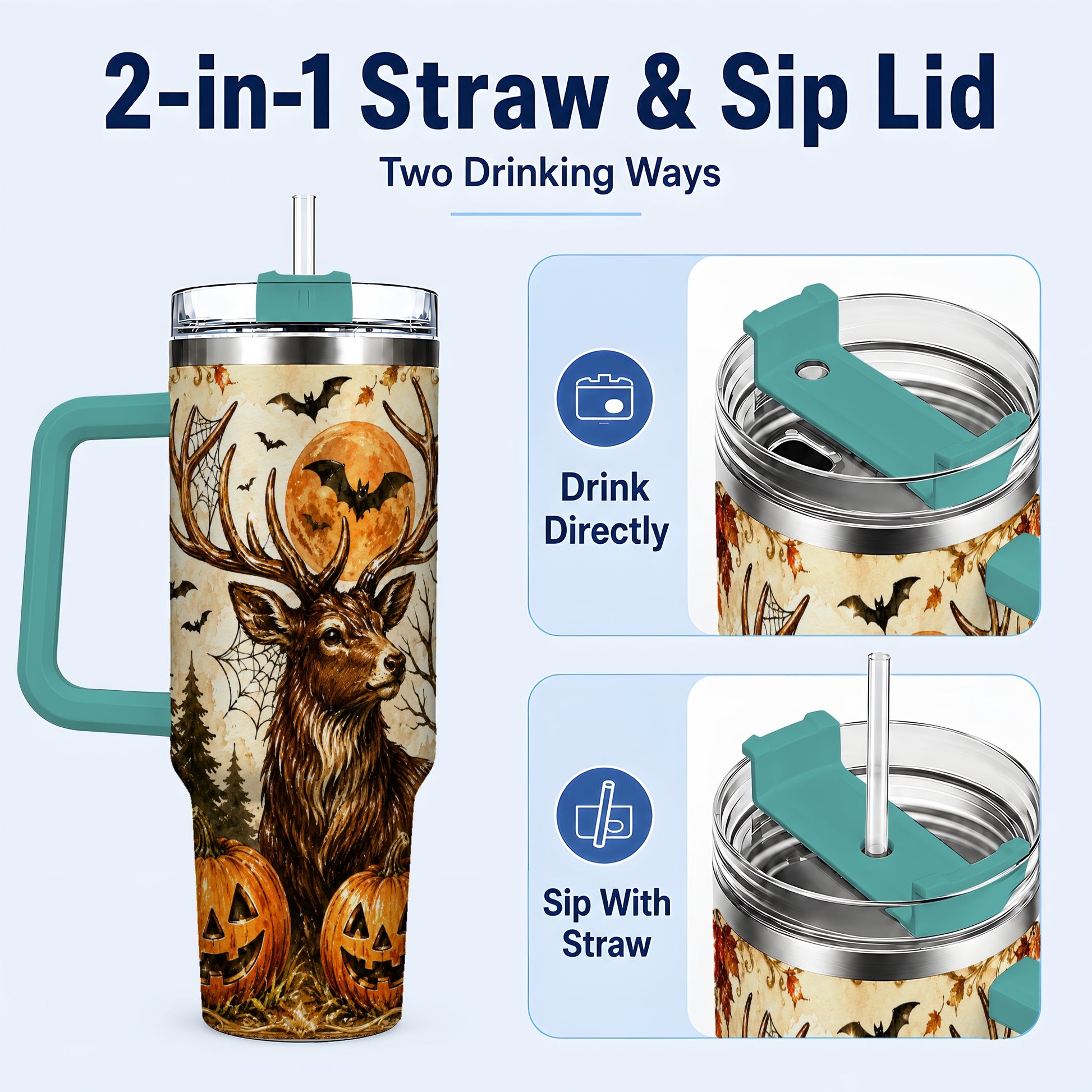 #pl[40oz|Green] Autumn Deer 40oz Tumbler with Handle, Stainless Steel Tumbler