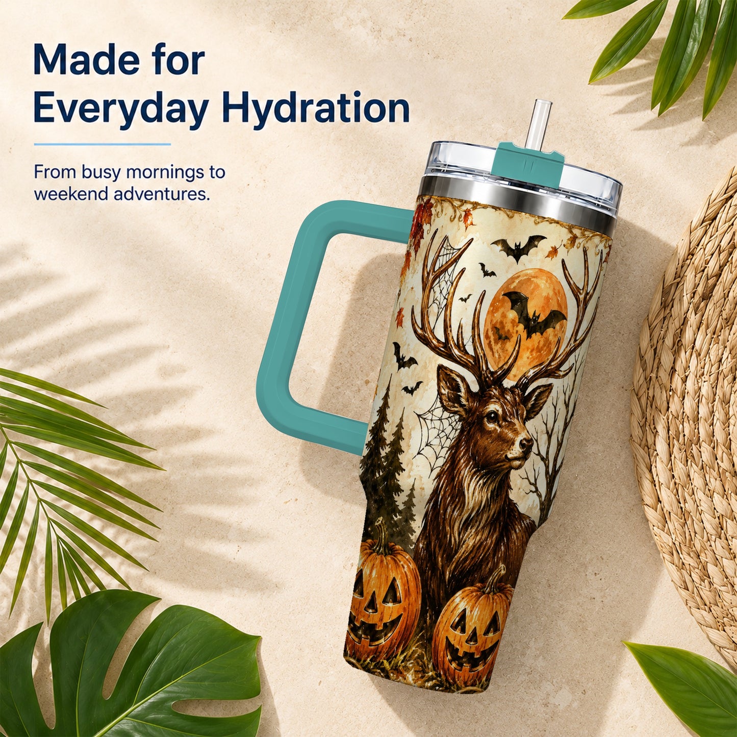 #pl[40oz|Green] Autumn Deer 40oz Tumbler with Handle, Stainless Steel Tumbler