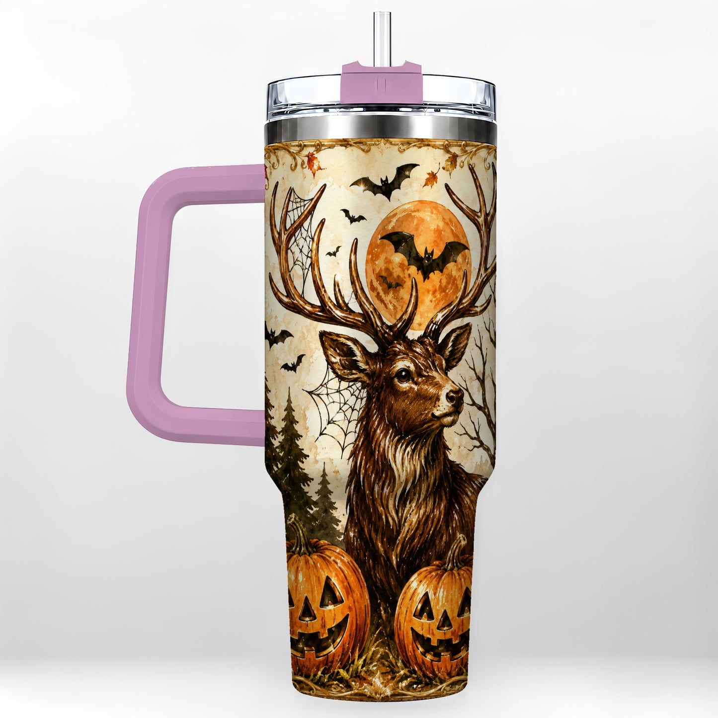 #pl[40oz|Pink] Autumn Deer 40oz Tumbler with Handle, Stainless Steel Tumbler