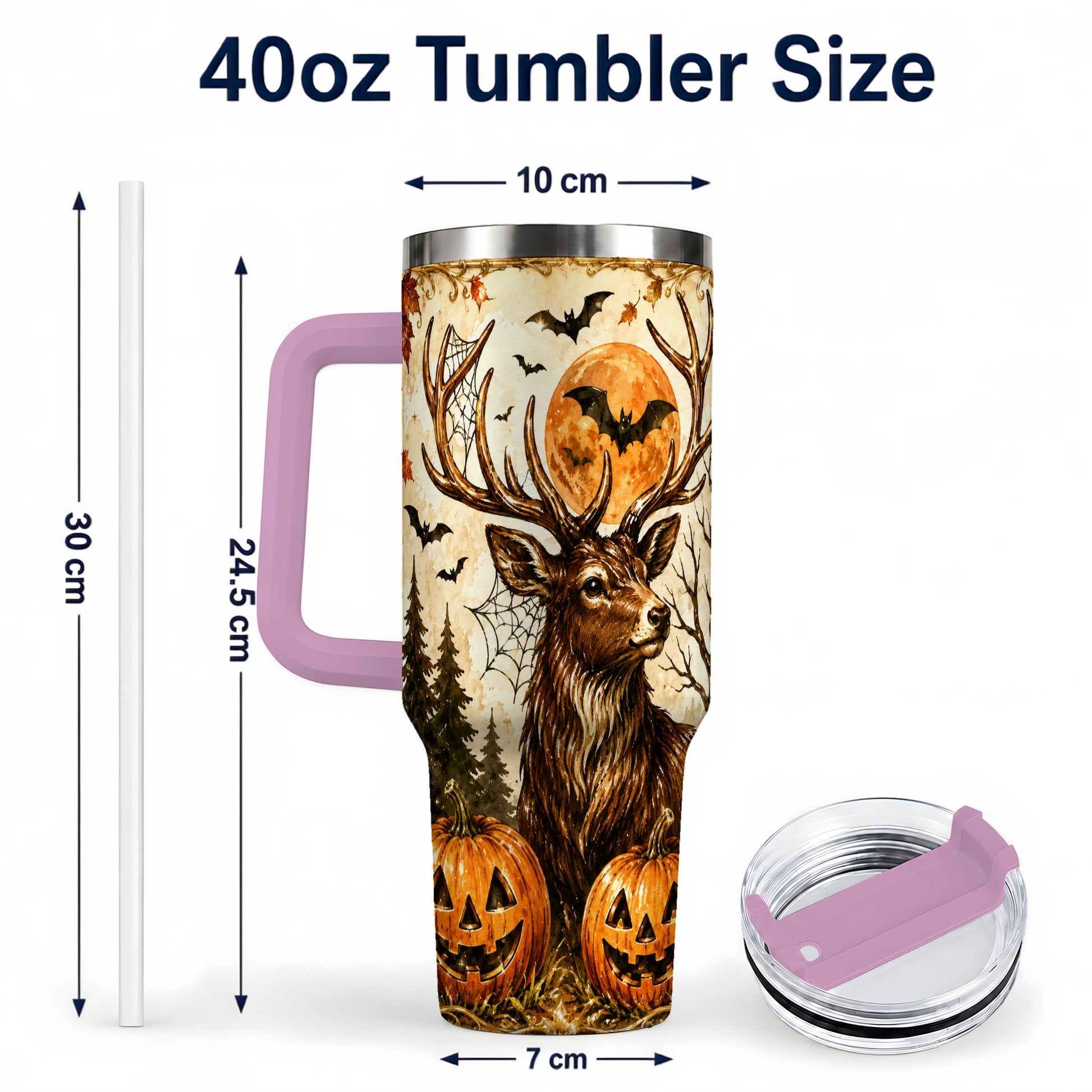 #pl[40oz|Pink] Autumn Deer 40oz Tumbler with Handle, Stainless Steel Tumbler