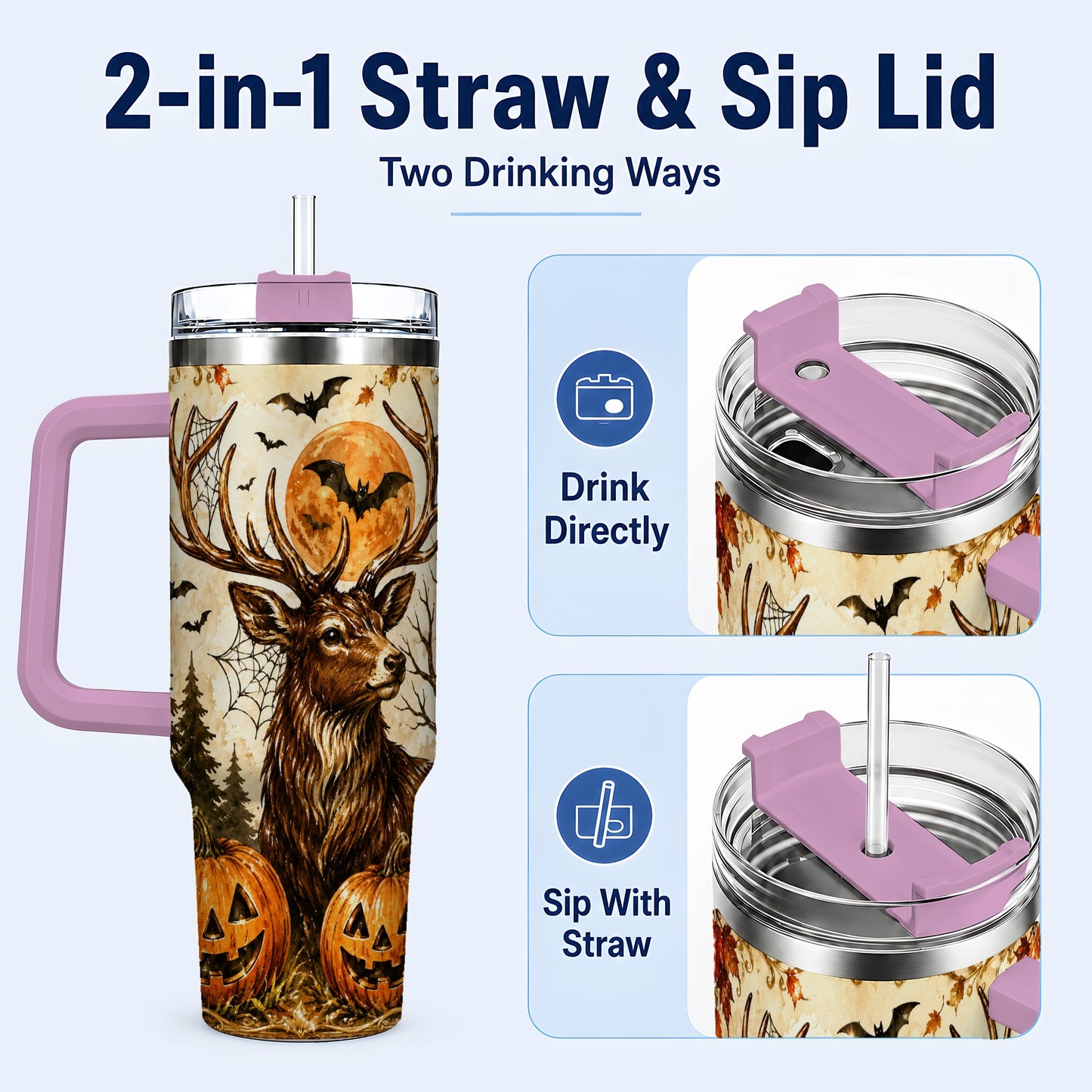 #pl[40oz|Pink] Autumn Deer 40oz Tumbler with Handle, Stainless Steel Tumbler
