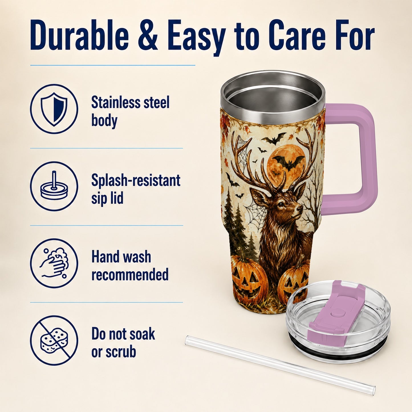 #pl[40oz|Pink] Autumn Deer 40oz Tumbler with Handle, Stainless Steel Tumbler