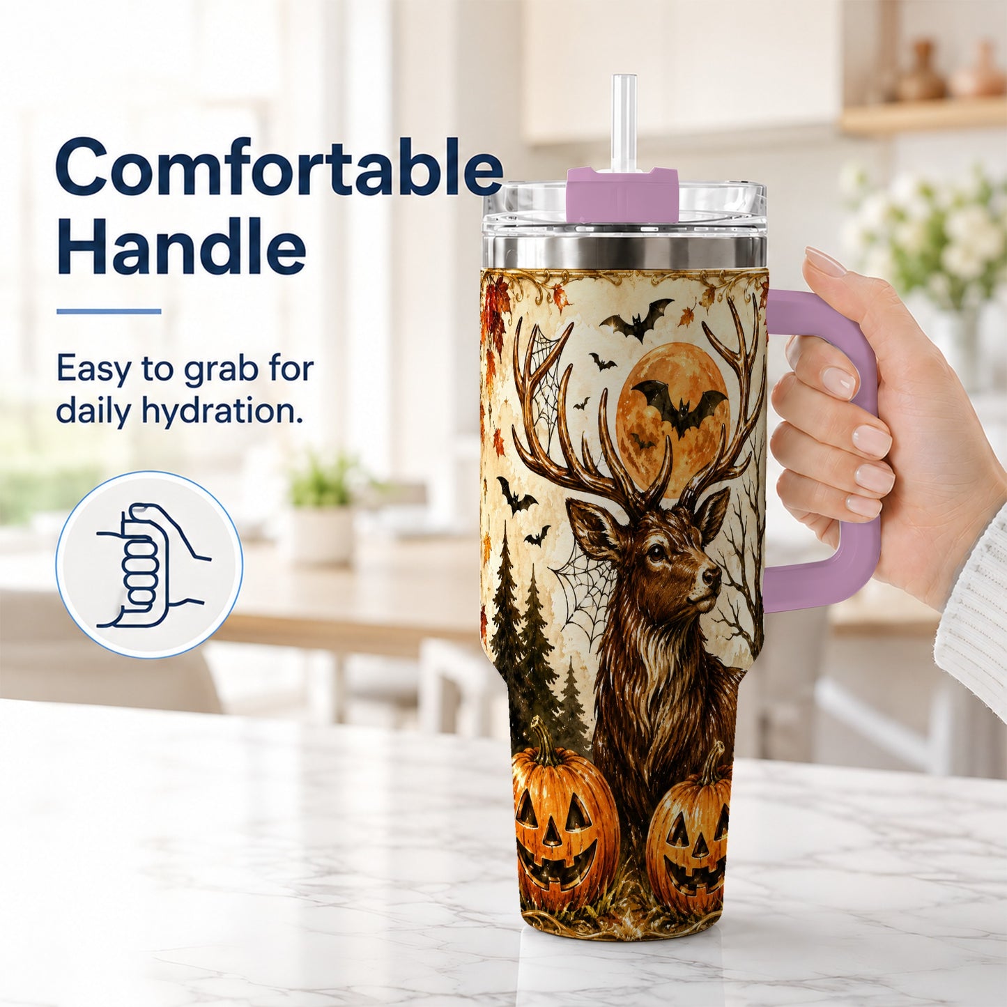 #pl[40oz|Pink] Autumn Deer 40oz Tumbler with Handle, Stainless Steel Tumbler