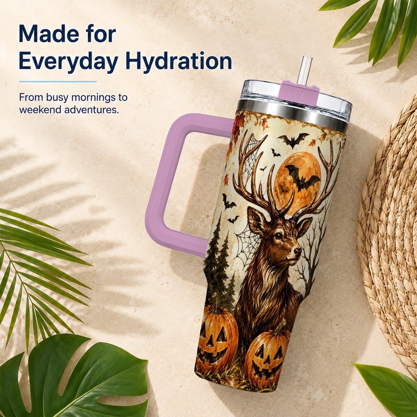 #pl[40oz|Pink] Autumn Deer 40oz Tumbler with Handle, Stainless Steel Tumbler