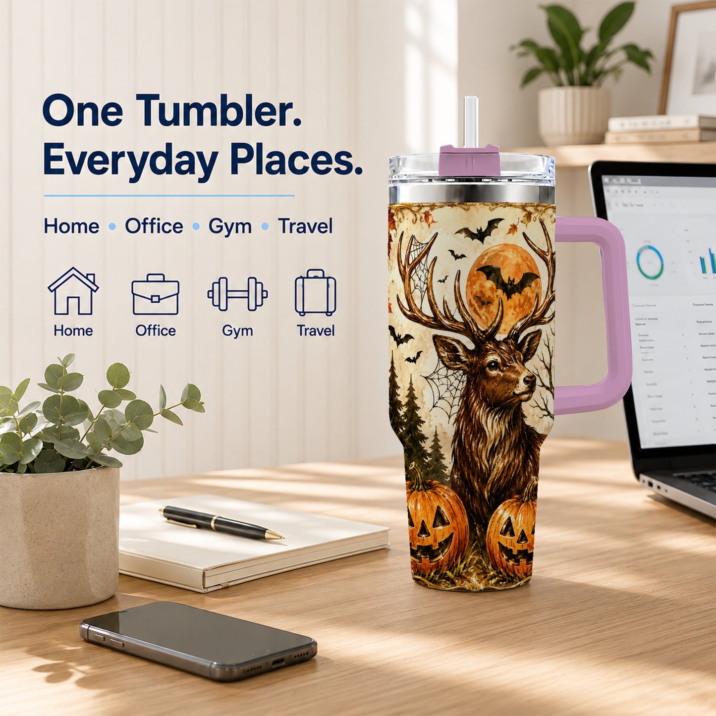 #pl[40oz|Pink] Autumn Deer 40oz Tumbler with Handle, Stainless Steel Tumbler