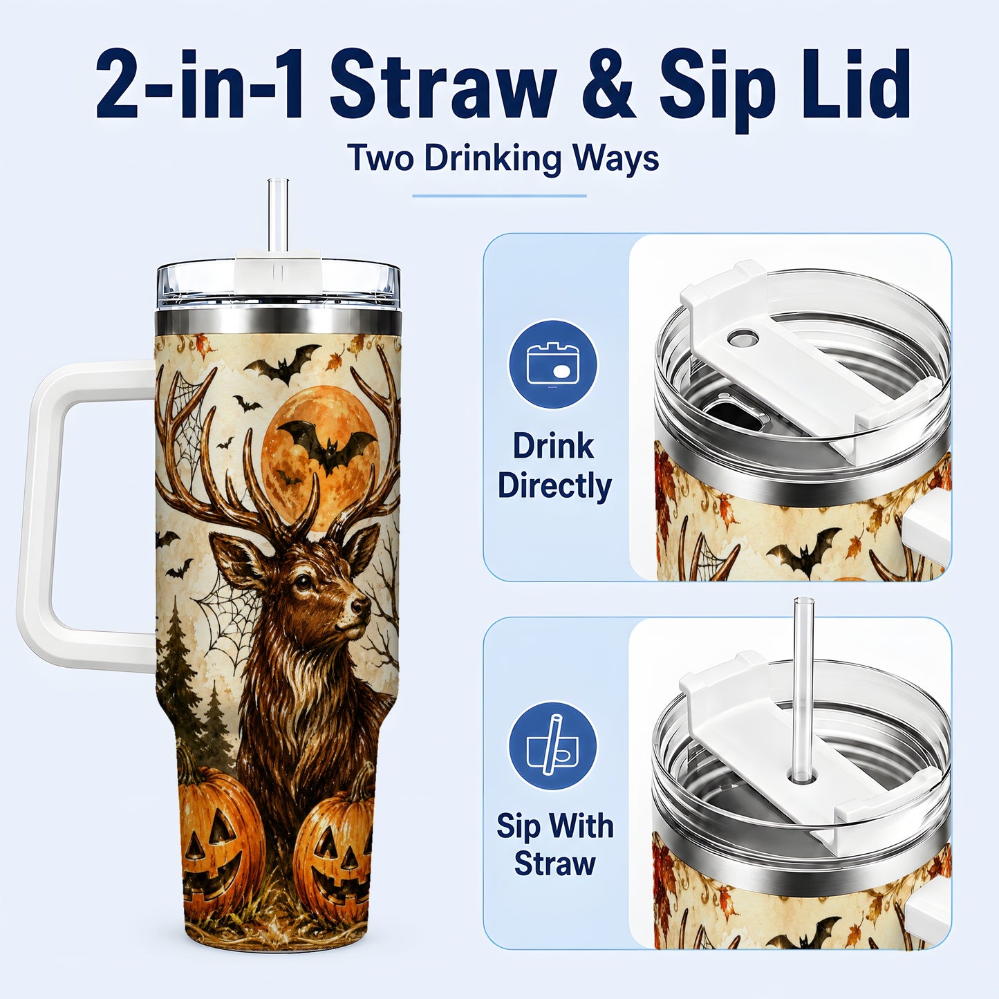 #pl[40oz|White] Autumn Deer 40oz Tumbler with Handle, Stainless Steel Tumbler