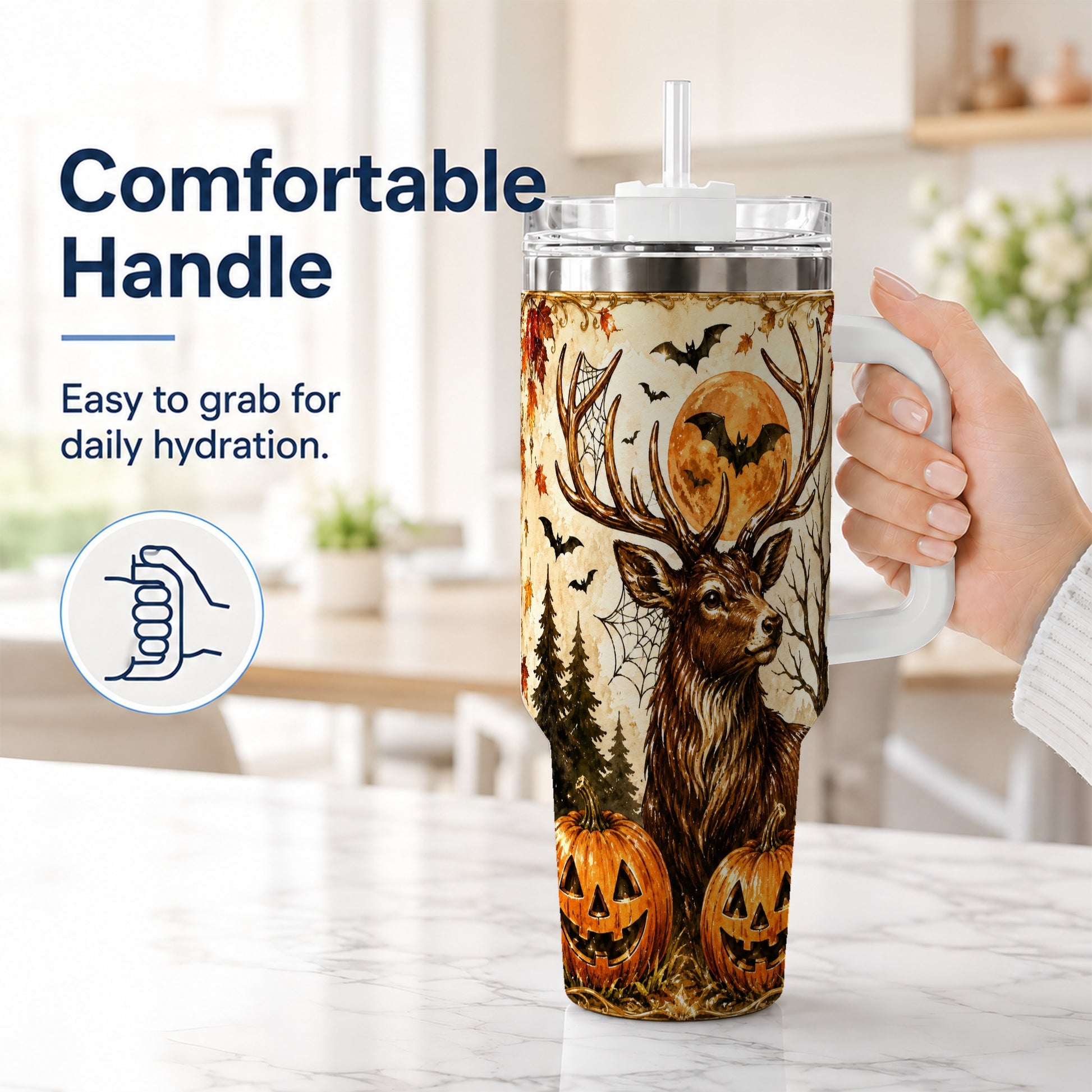 #pl[40oz|White] Autumn Deer 40oz Tumbler with Handle, Stainless Steel Tumbler