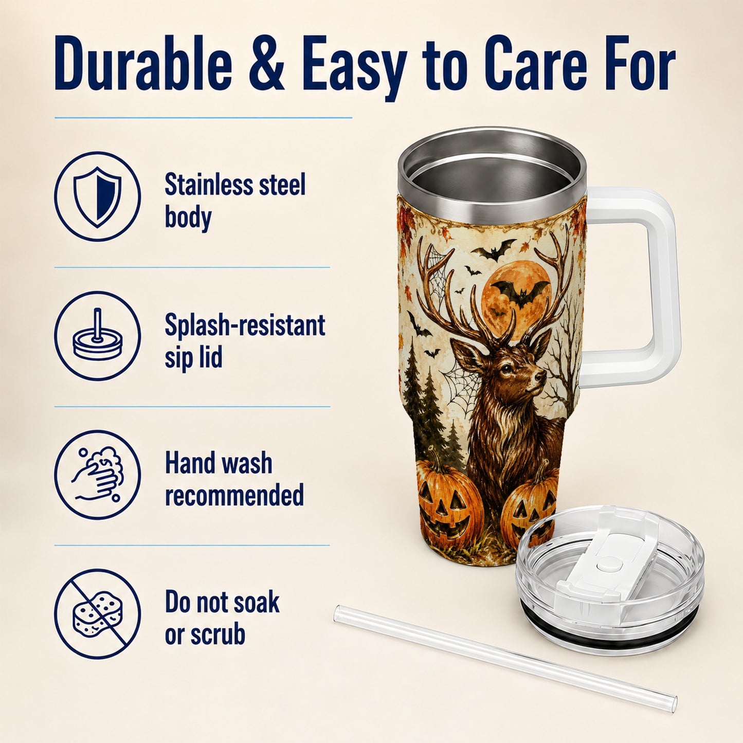 #pl[40oz|White] Autumn Deer 40oz Tumbler with Handle, Stainless Steel Tumbler