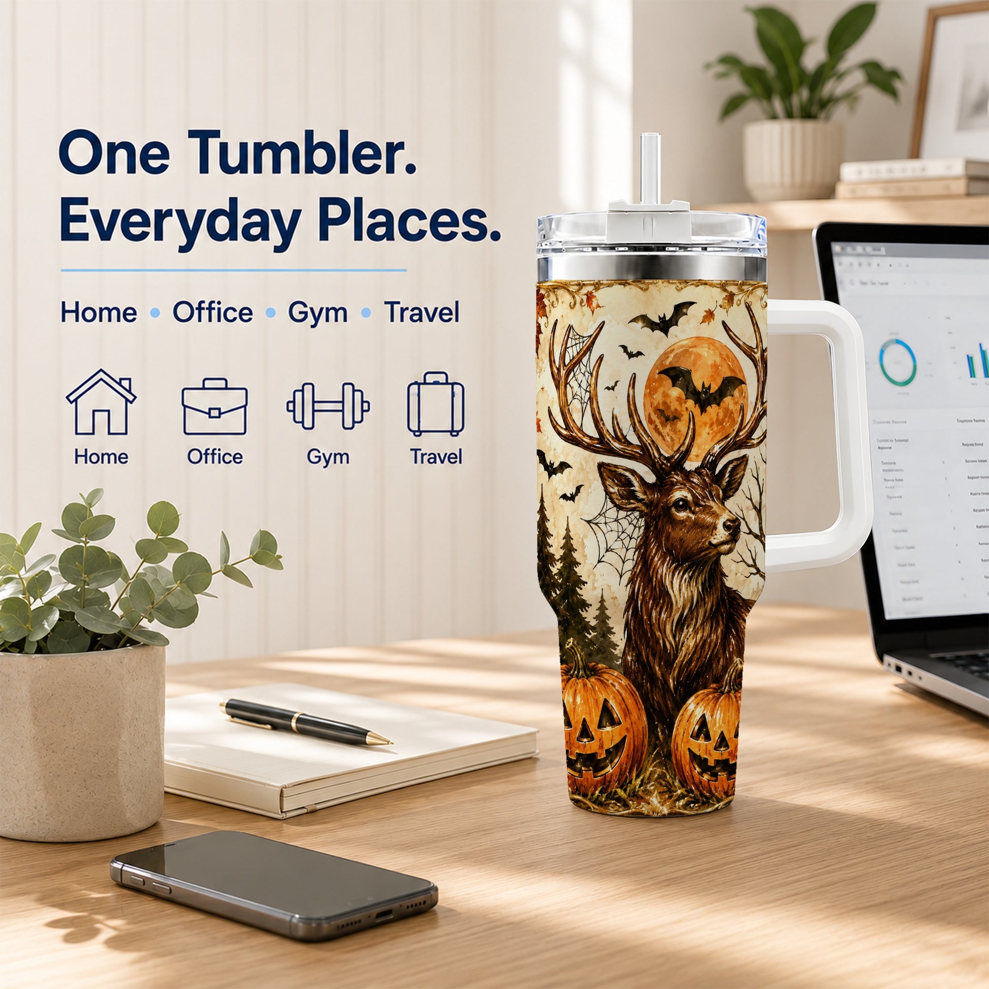 #pl[40oz|White] Autumn Deer 40oz Tumbler with Handle, Stainless Steel Tumbler