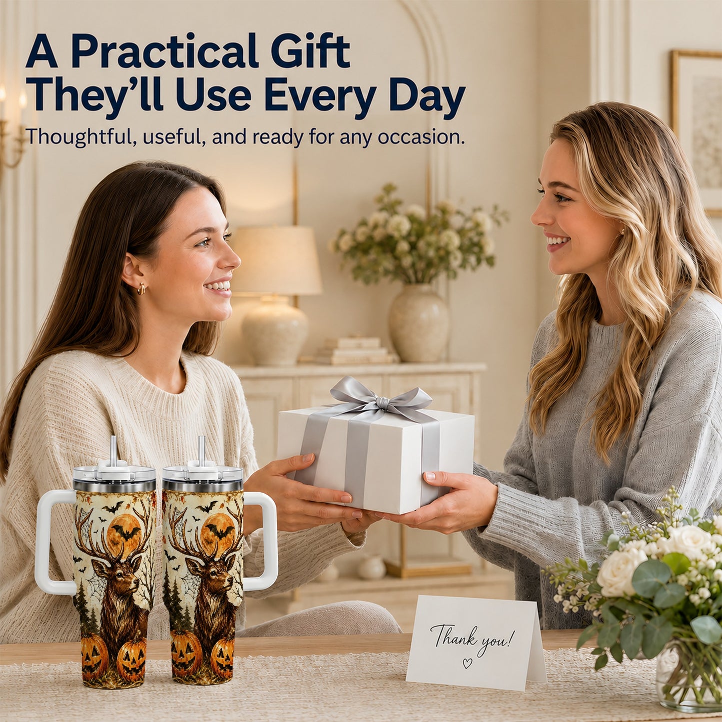#pl[40oz|White] Autumn Deer 40oz Tumbler with Handle, Stainless Steel Tumbler