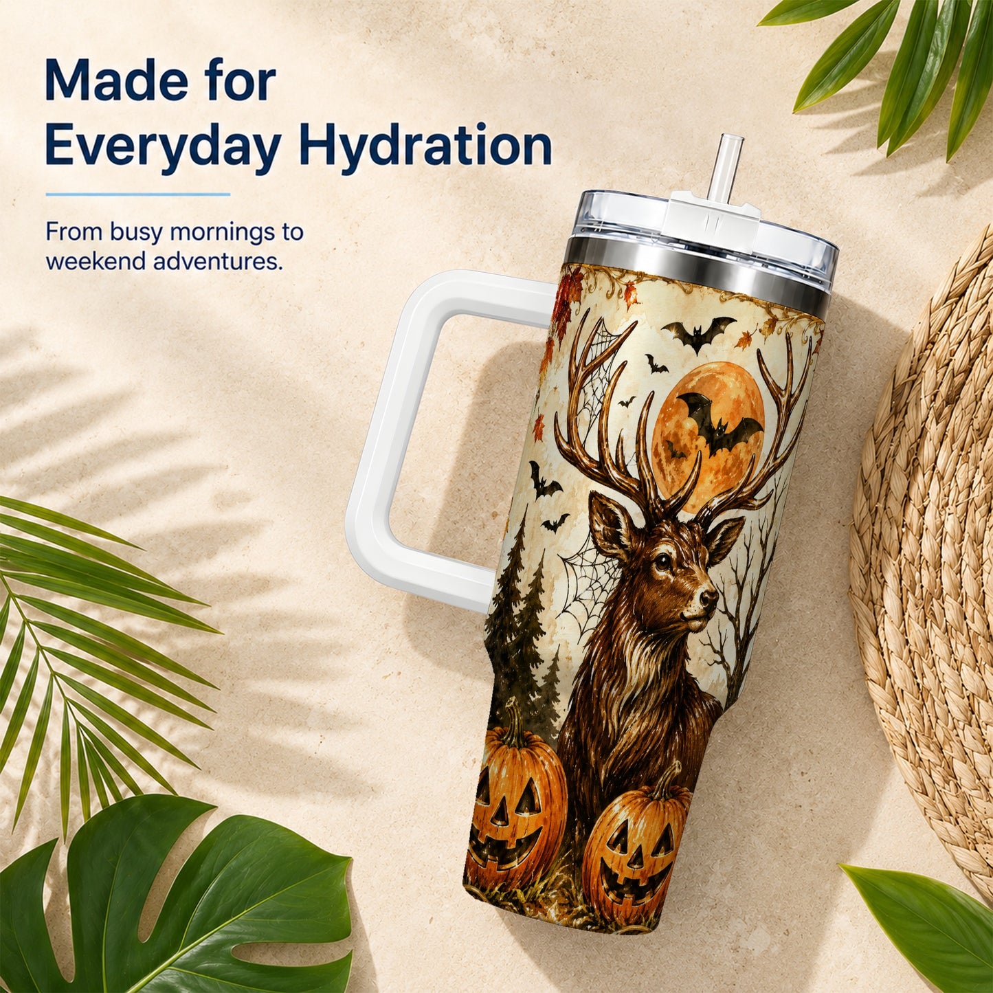 #pl[40oz|White] Autumn Deer 40oz Tumbler with Handle, Stainless Steel Tumbler