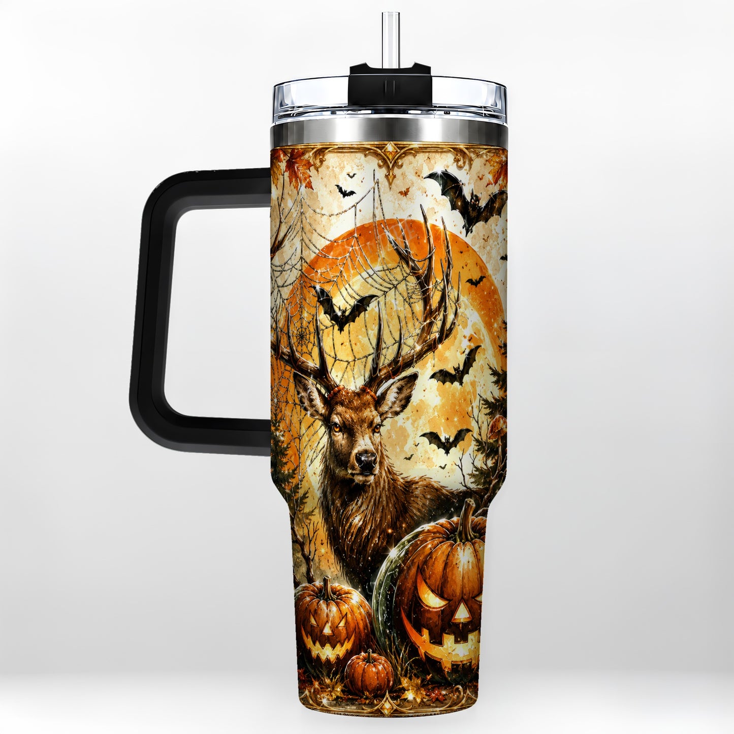 #pl[40oz|Black] Spiderweb Deer 40oz Tumbler with Handle, Stainless Steel Tumbler