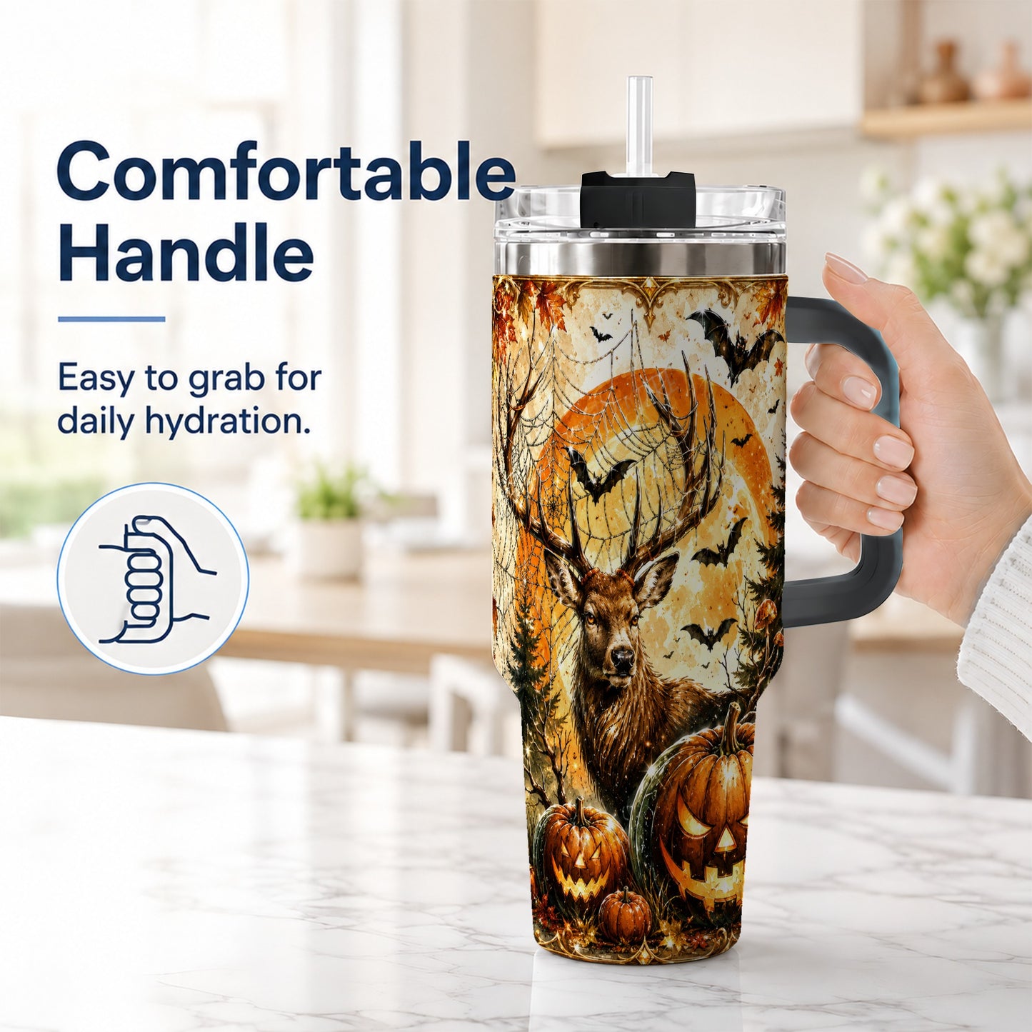 #pl[40oz|Black] Spiderweb Deer 40oz Tumbler with Handle, Stainless Steel Tumbler