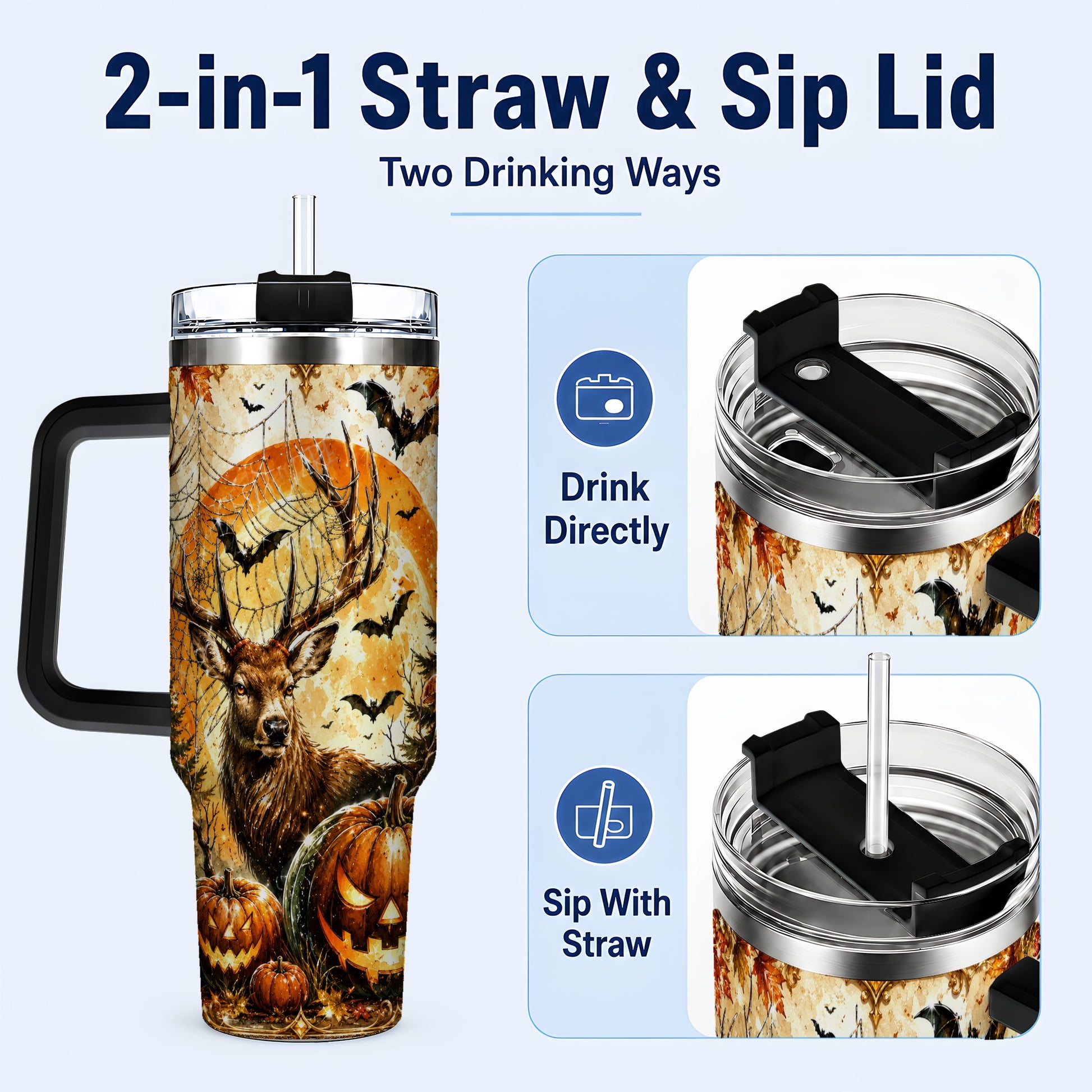 #pl[40oz|Black] Spiderweb Deer 40oz Tumbler with Handle, Stainless Steel Tumbler