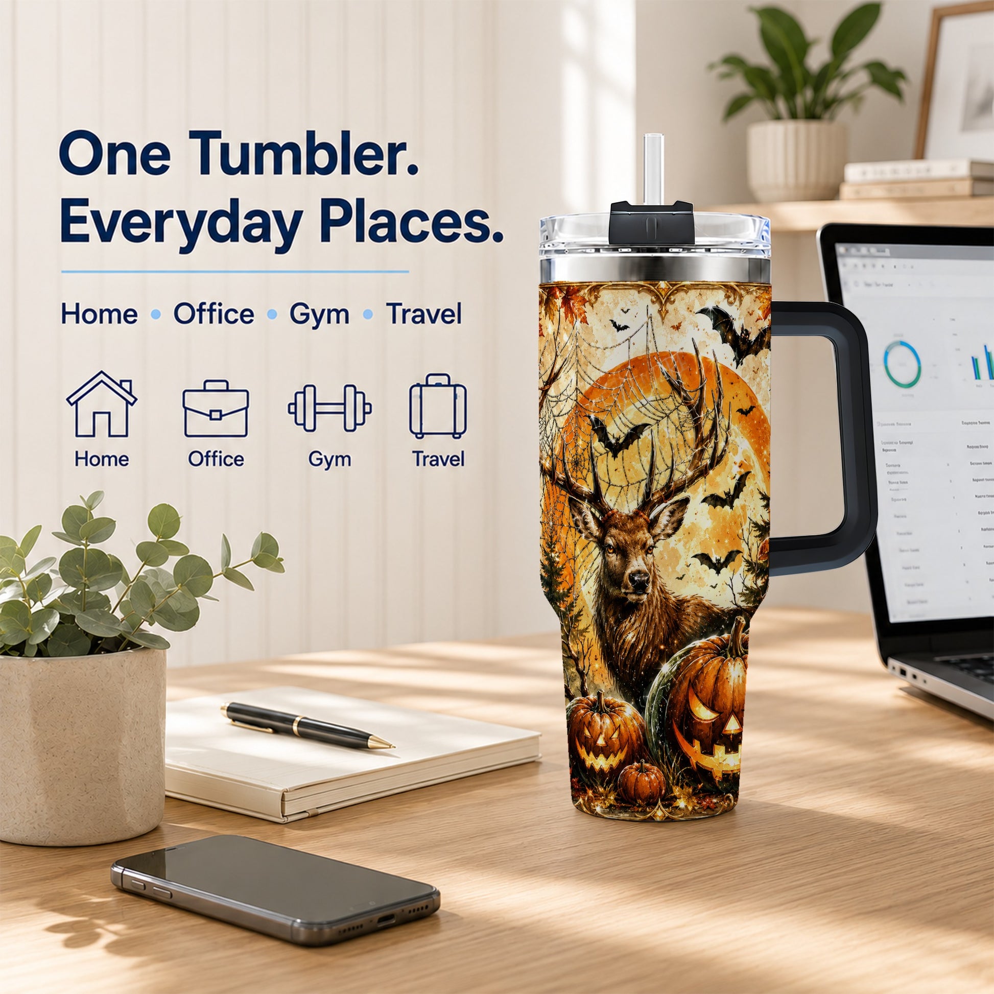 #pl[40oz|Black] Spiderweb Deer 40oz Tumbler with Handle, Stainless Steel Tumbler