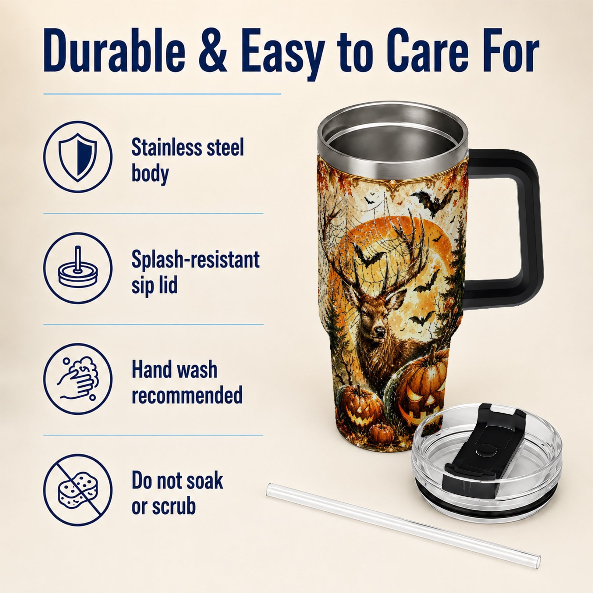 #pl[40oz|Black] Spiderweb Deer 40oz Tumbler with Handle, Stainless Steel Tumbler