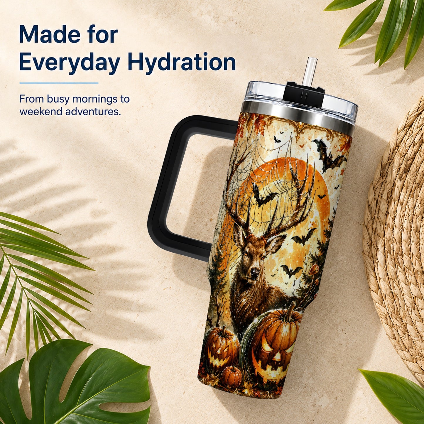 #pl[40oz|Black] Spiderweb Deer 40oz Tumbler with Handle, Stainless Steel Tumbler