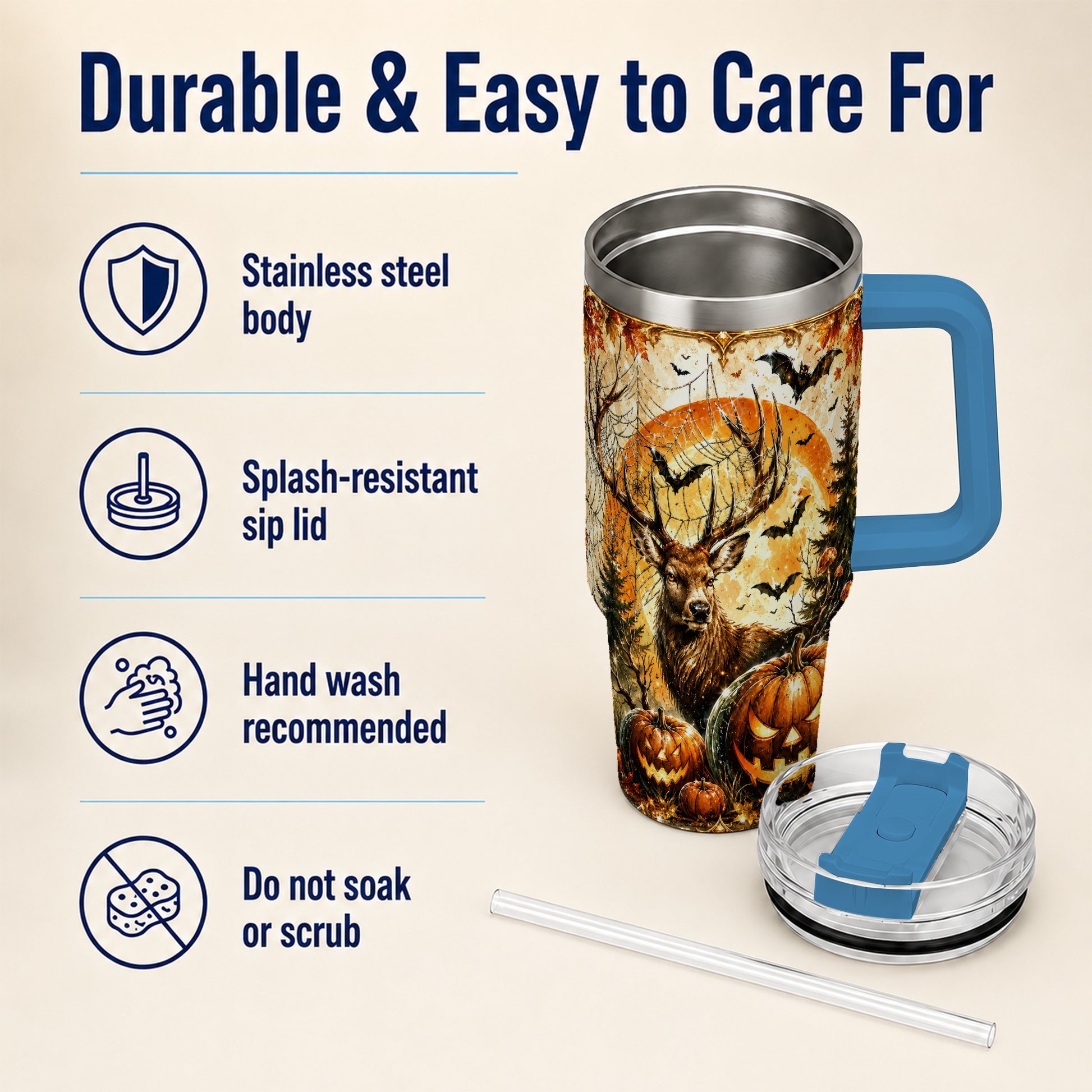 #pl[40oz|Blue] Spiderweb Deer 40oz Tumbler with Handle, Stainless Steel Tumbler