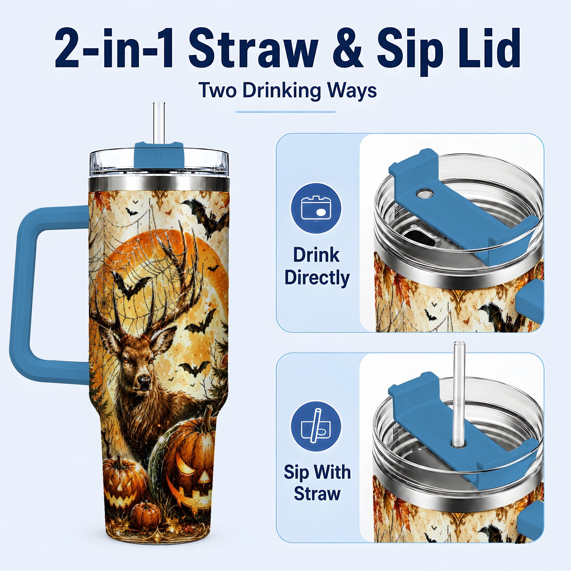 #pl[40oz|Blue] Spiderweb Deer 40oz Tumbler with Handle, Stainless Steel Tumbler