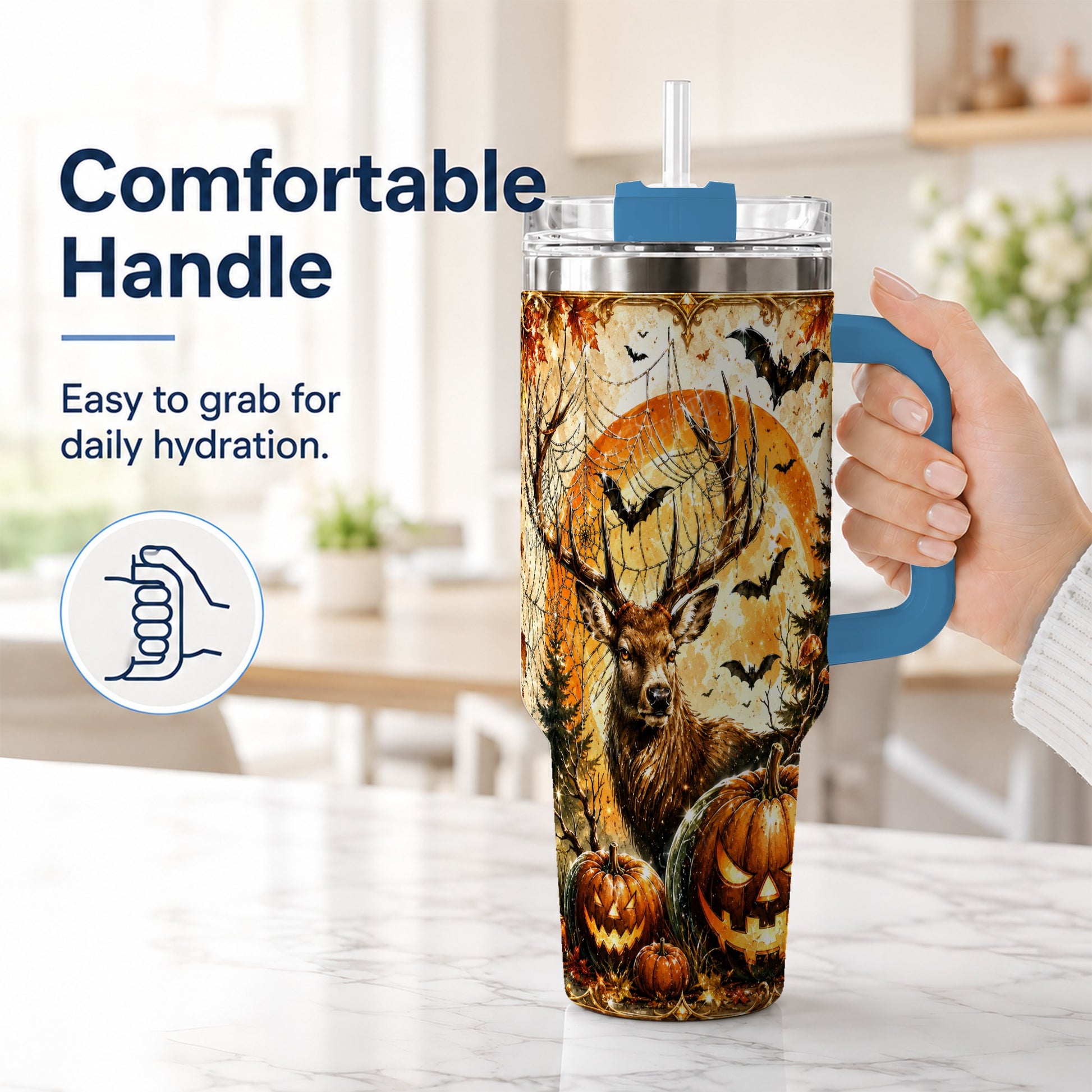 #pl[40oz|Blue] Spiderweb Deer 40oz Tumbler with Handle, Stainless Steel Tumbler