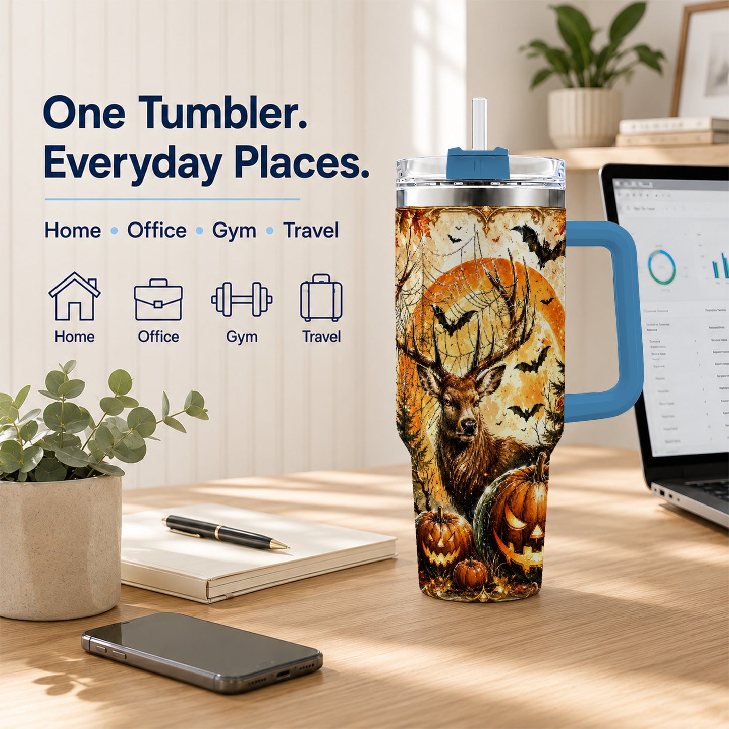 #pl[40oz|Blue] Spiderweb Deer 40oz Tumbler with Handle, Stainless Steel Tumbler