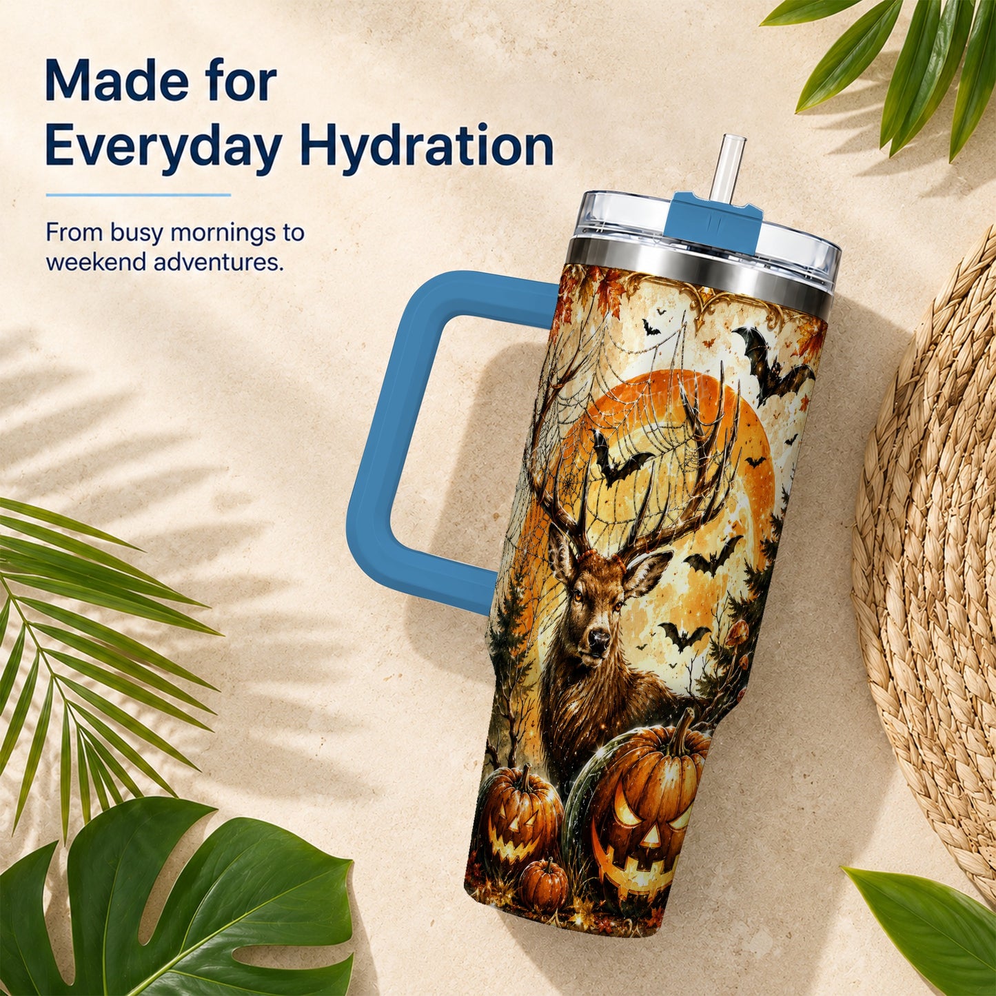 #pl[40oz|Blue] Spiderweb Deer 40oz Tumbler with Handle, Stainless Steel Tumbler