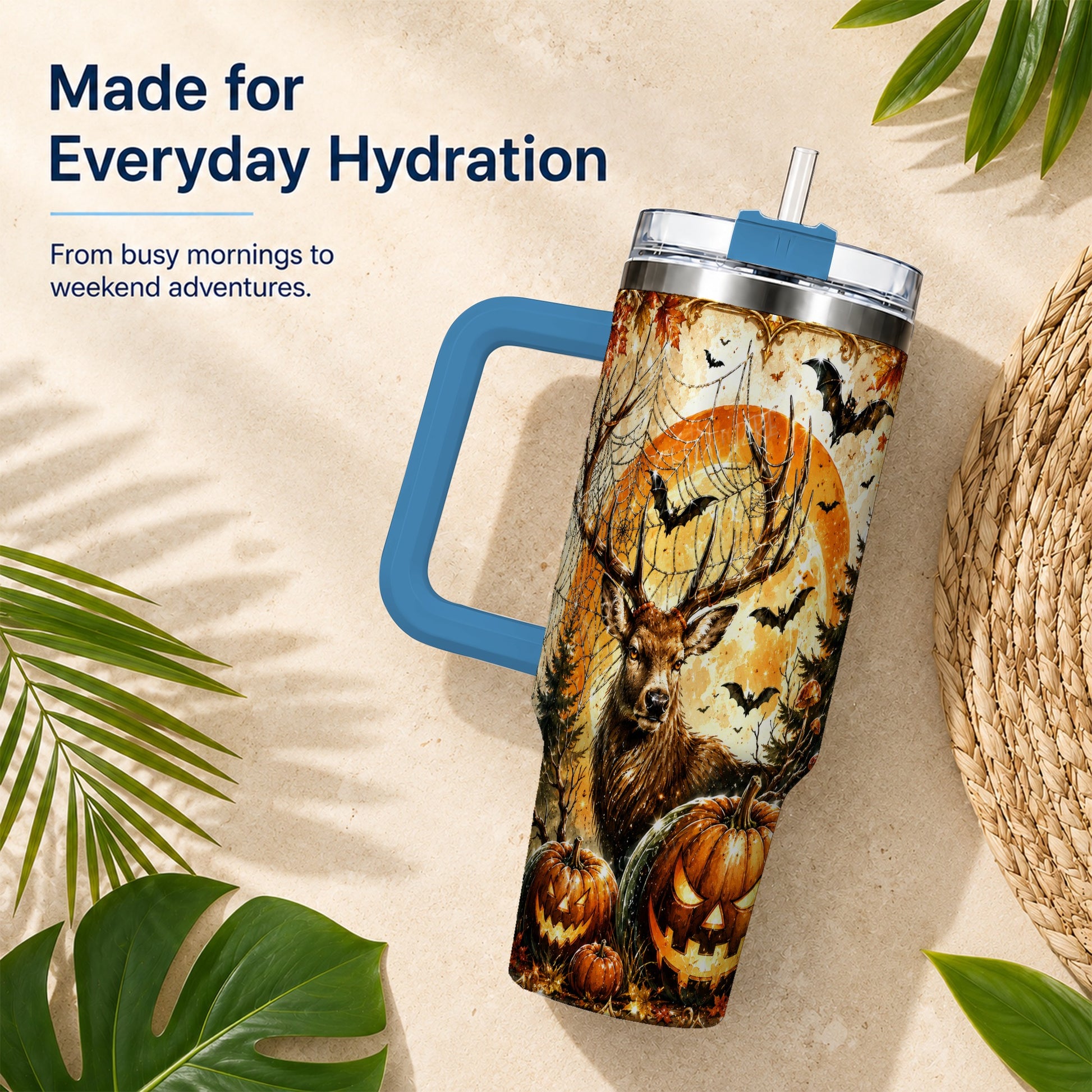#pl[40oz|Blue] Spiderweb Deer 40oz Tumbler with Handle, Stainless Steel Tumbler