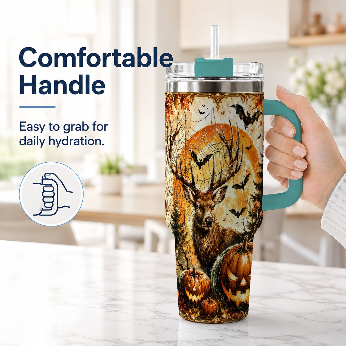#pl[40oz|Green] Spiderweb Deer 40oz Tumbler with Handle, Stainless Steel Tumbler