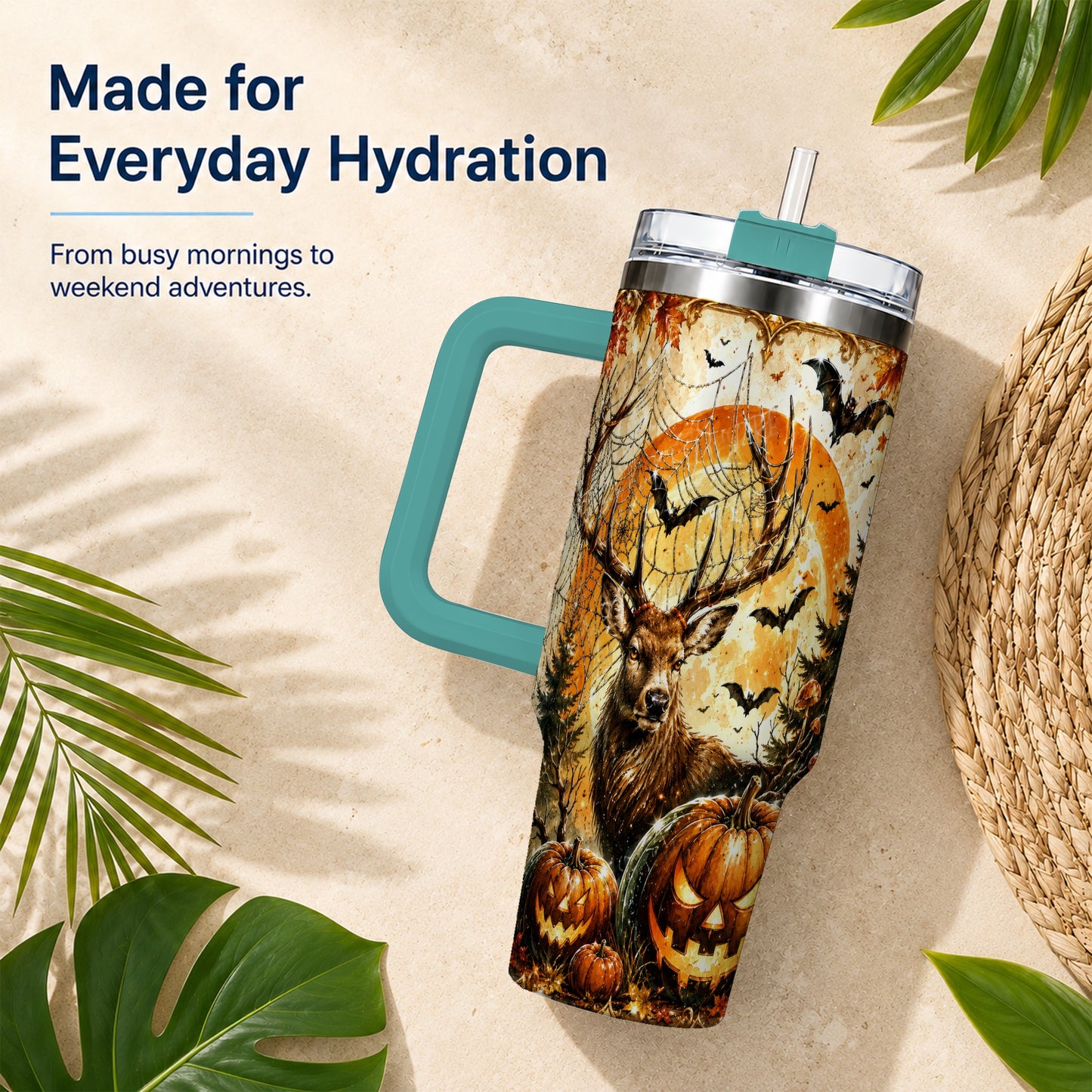 #pl[40oz|Green] Spiderweb Deer 40oz Tumbler with Handle, Stainless Steel Tumbler