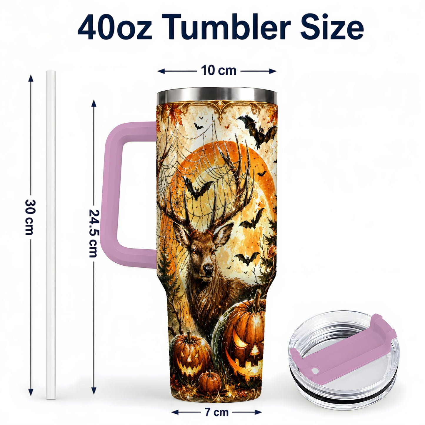 #pl[40oz|Pink] Spiderweb Deer 40oz Tumbler with Handle, Stainless Steel Tumbler