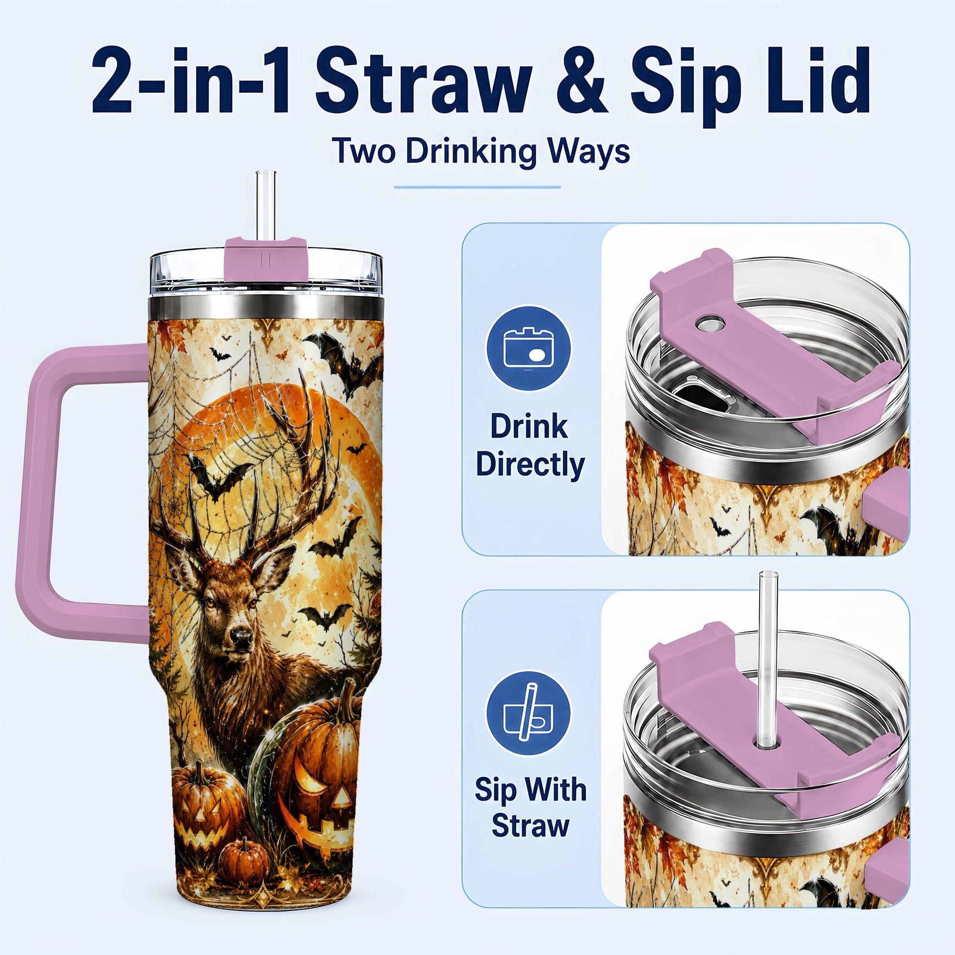 #pl[40oz|Pink] Spiderweb Deer 40oz Tumbler with Handle, Stainless Steel Tumbler