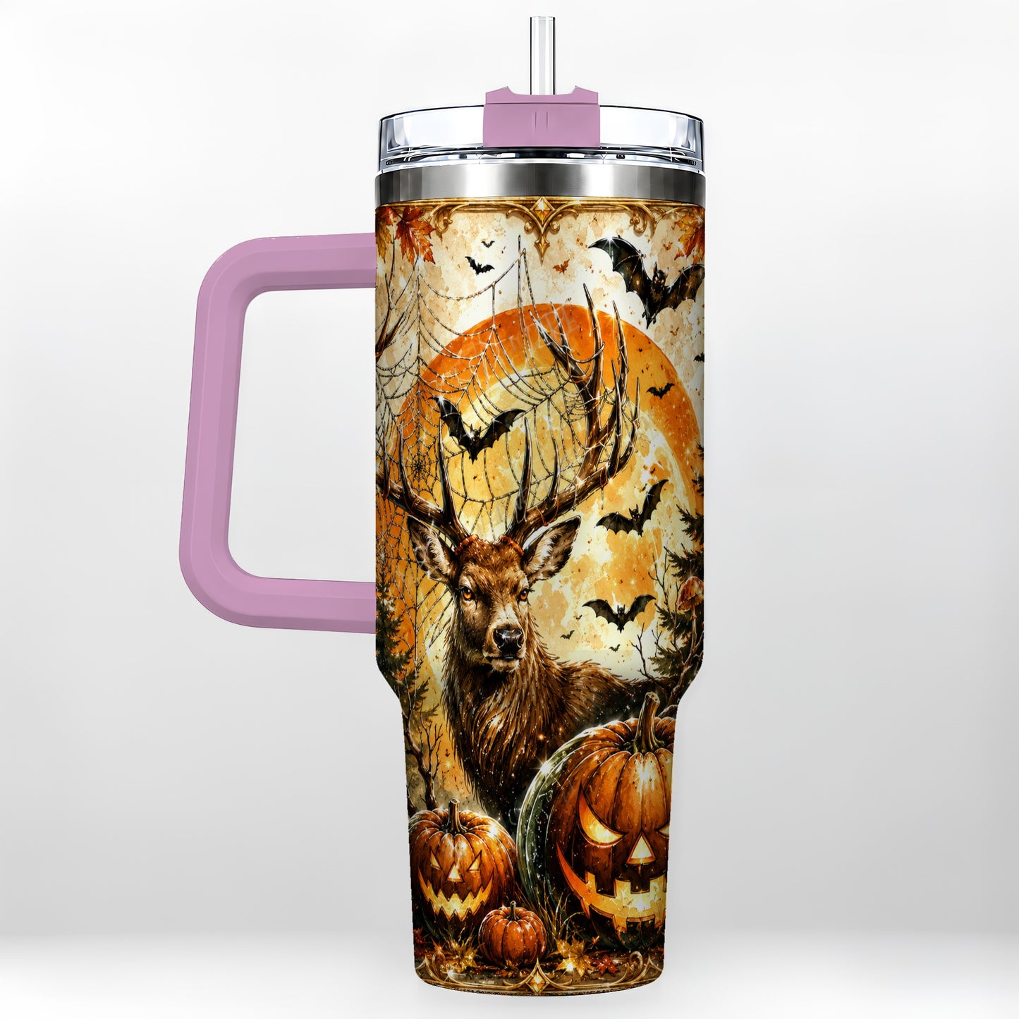 #pl[40oz|Pink] Spiderweb Deer 40oz Tumbler with Handle, Stainless Steel Tumbler