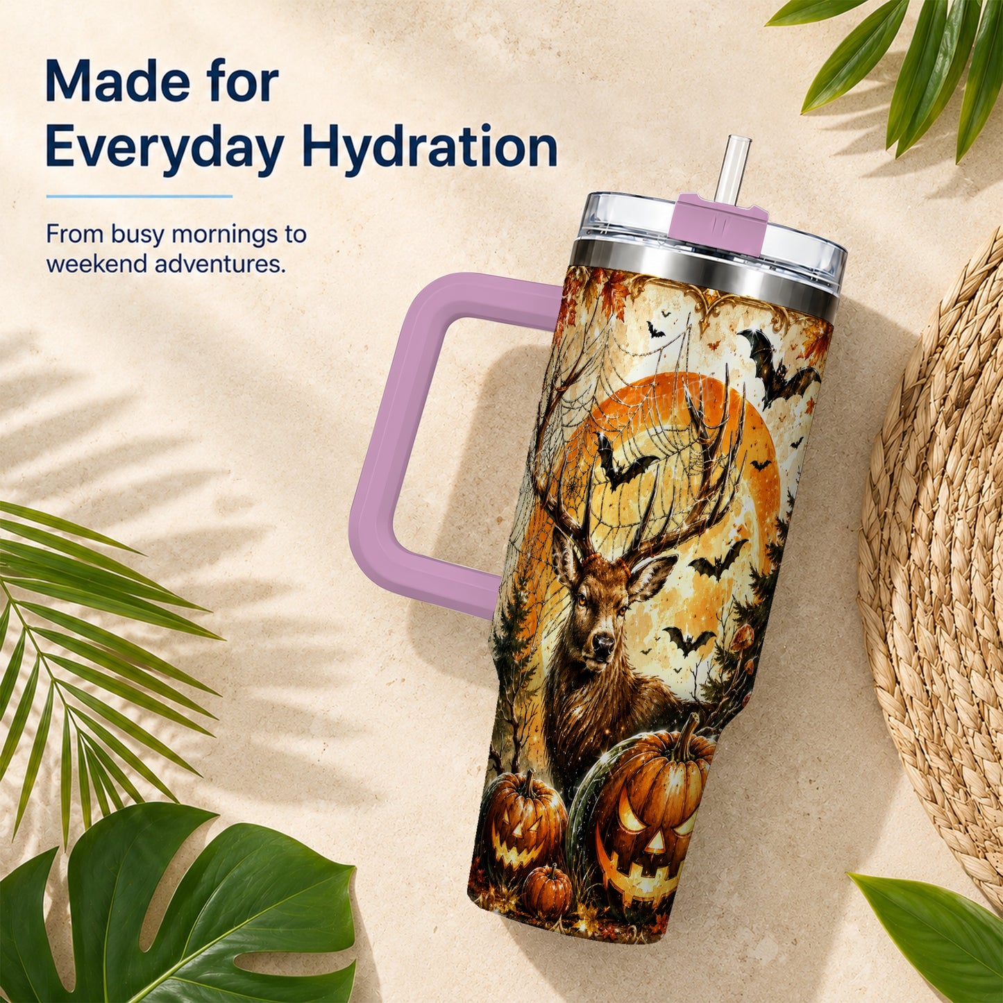 #pl[40oz|Pink] Spiderweb Deer 40oz Tumbler with Handle, Stainless Steel Tumbler