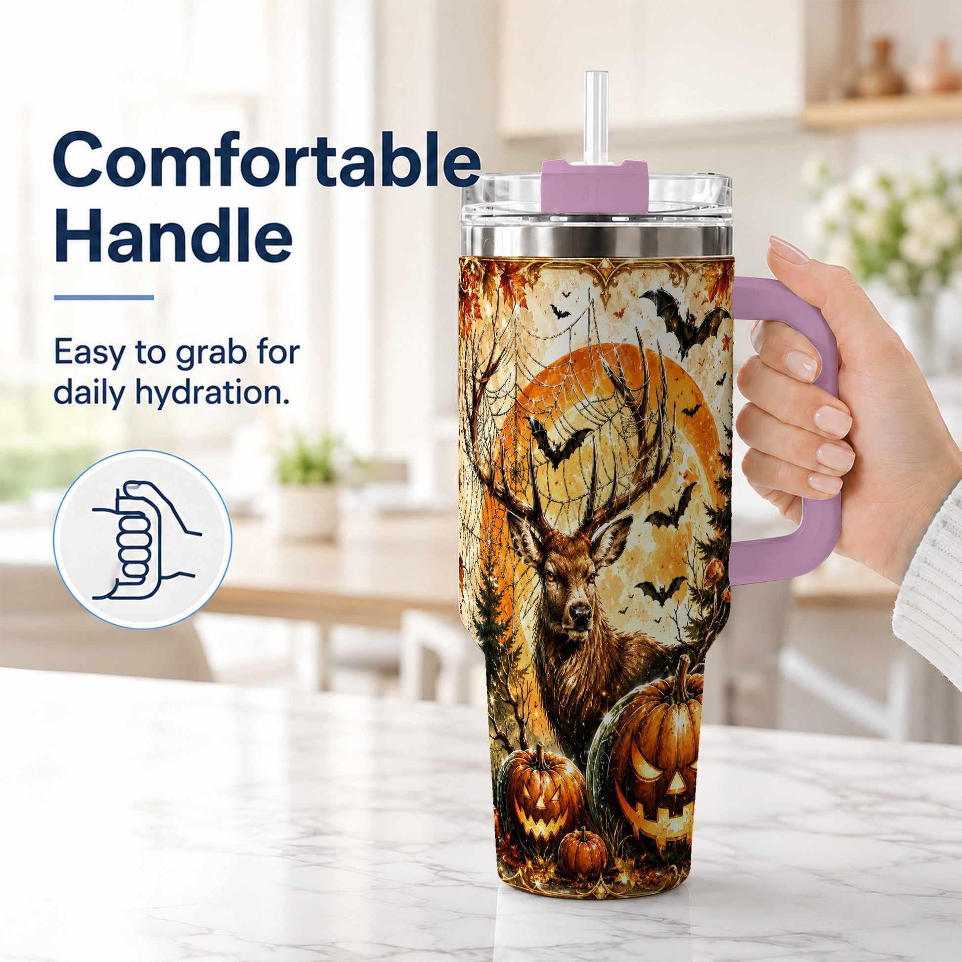 #pl[40oz|Pink] Spiderweb Deer 40oz Tumbler with Handle, Stainless Steel Tumbler
