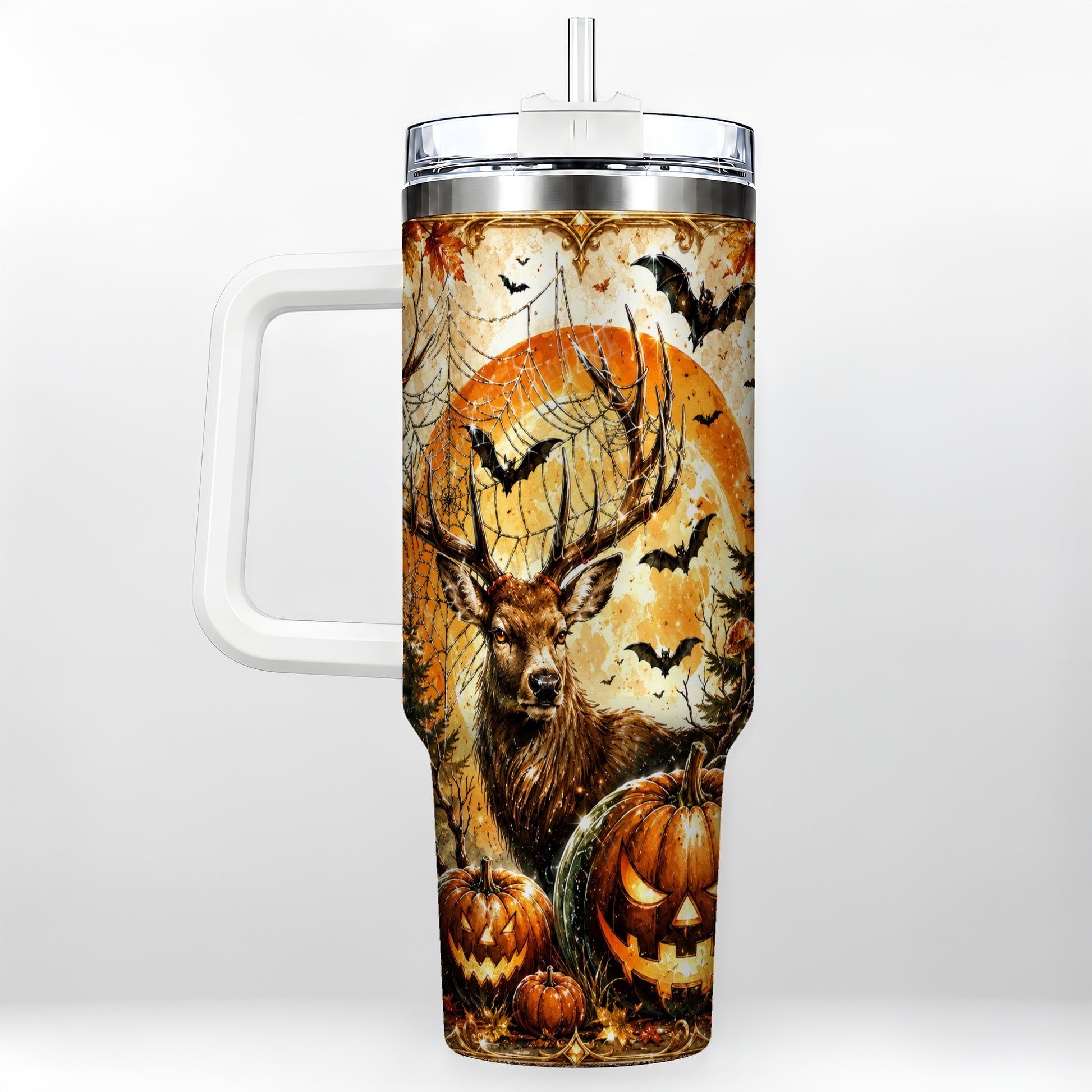 #pl[40oz|White] Spiderweb Deer 40oz Tumbler with Handle, Stainless Steel Tumbler