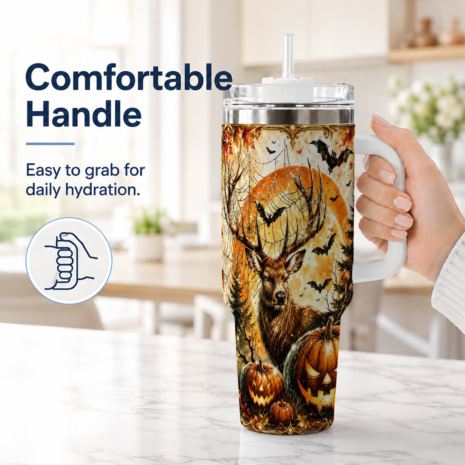 #pl[40oz|White] Spiderweb Deer 40oz Tumbler with Handle, Stainless Steel Tumbler