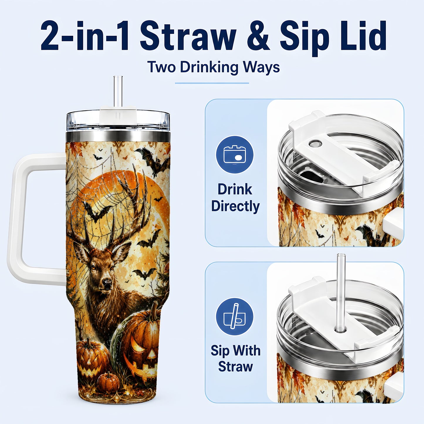 #pl[40oz|White] Spiderweb Deer 40oz Tumbler with Handle, Stainless Steel Tumbler