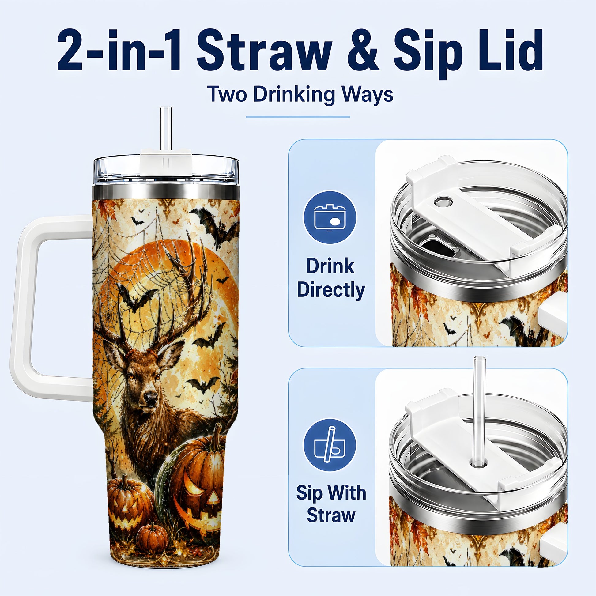 #pl[40oz|White] Spiderweb Deer 40oz Tumbler with Handle, Stainless Steel Tumbler
