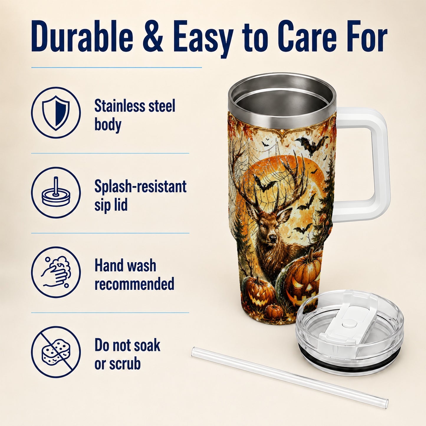 #pl[40oz|White] Spiderweb Deer 40oz Tumbler with Handle, Stainless Steel Tumbler