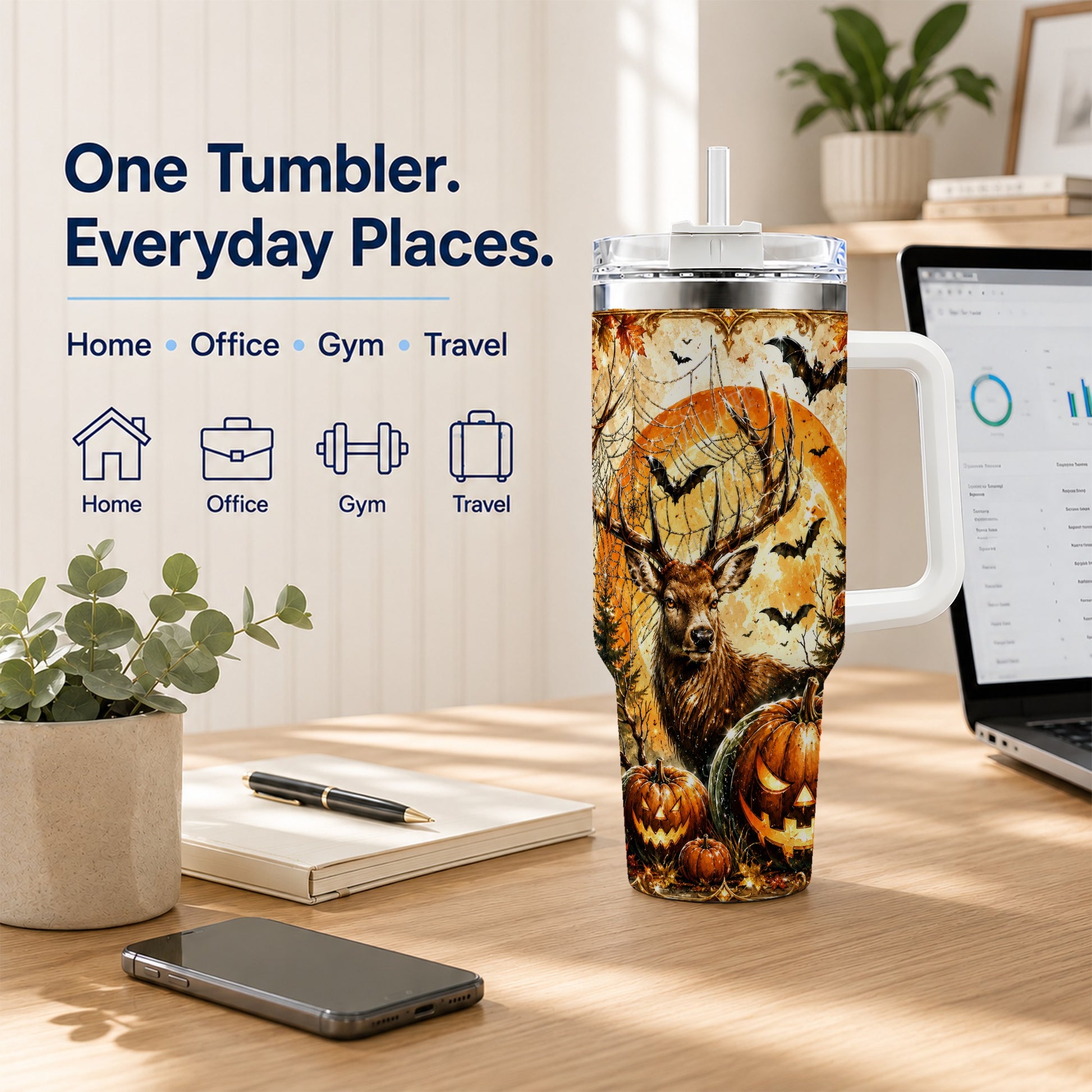 #pl[40oz|White] Spiderweb Deer 40oz Tumbler with Handle, Stainless Steel Tumbler