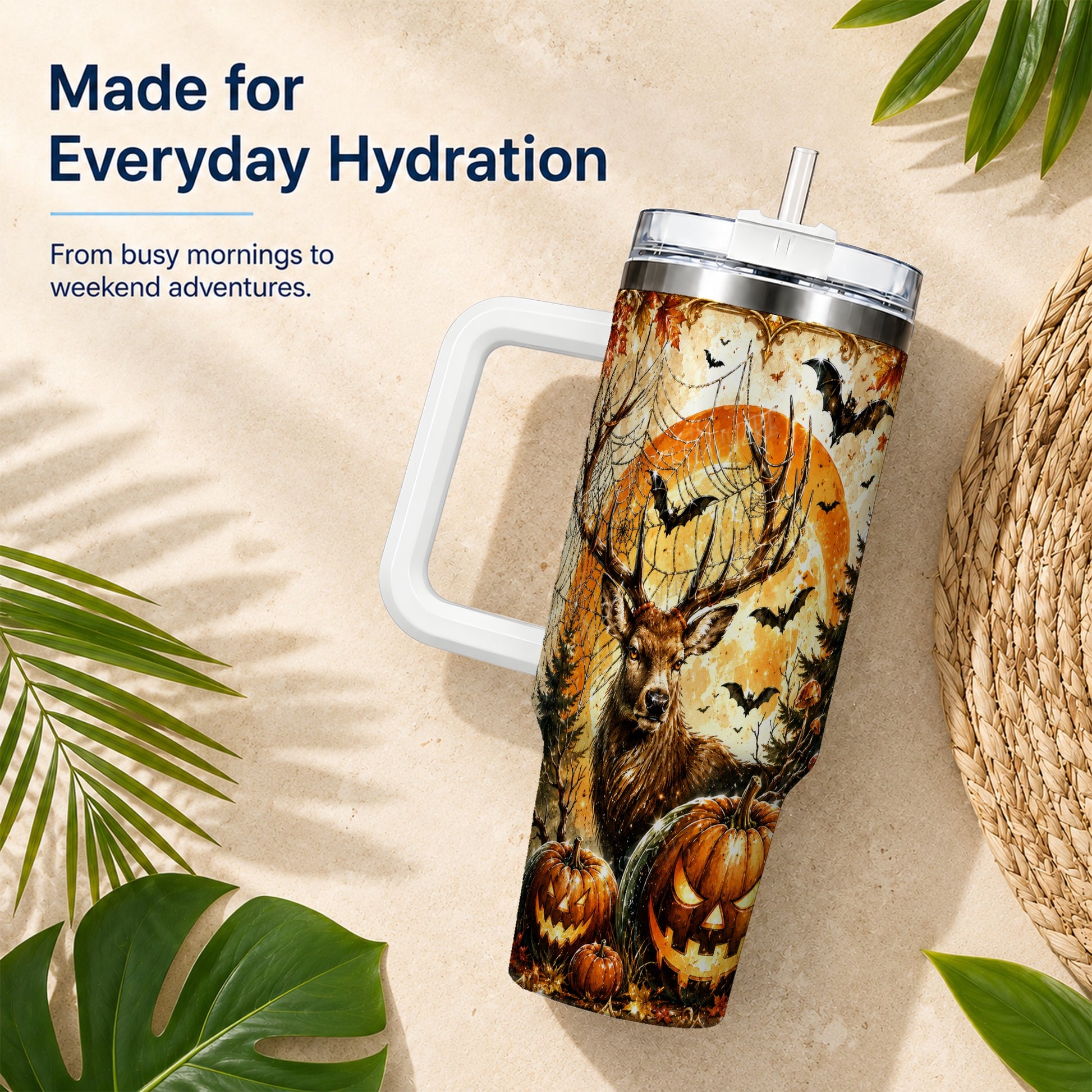 #pl[40oz|White] Spiderweb Deer 40oz Tumbler with Handle, Stainless Steel Tumbler
