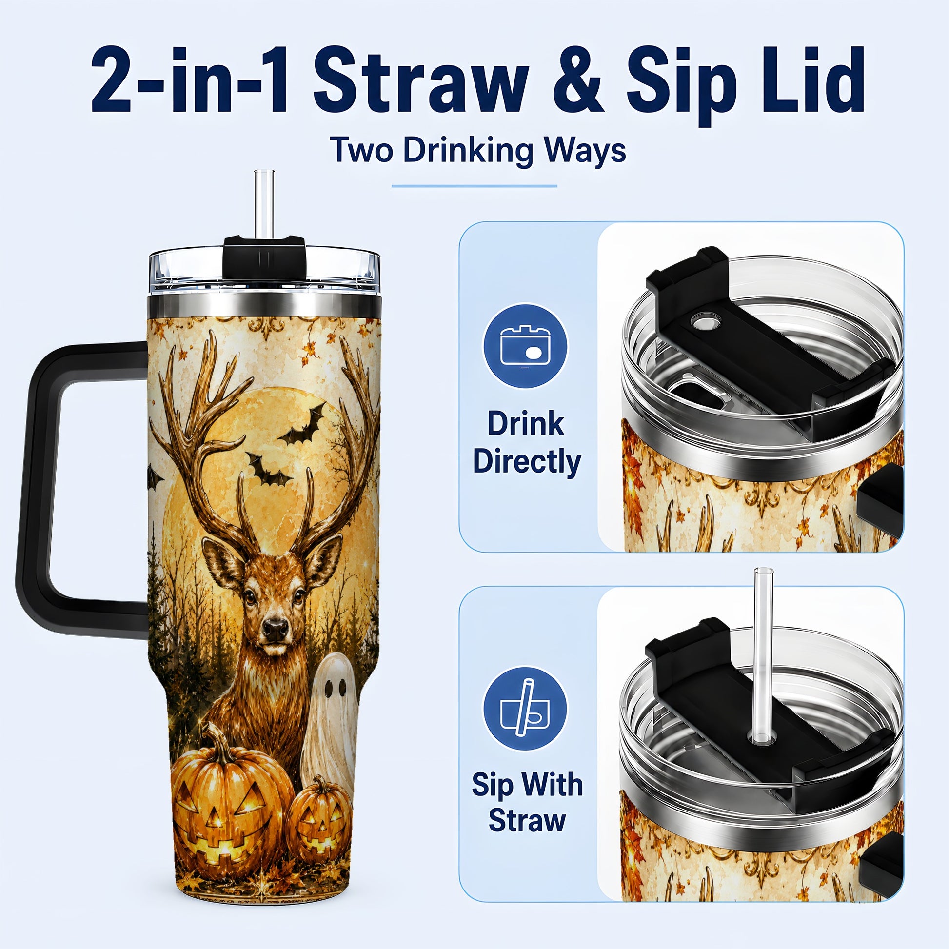 #pl[40oz|Black] Halloween Deer 40oz Tumbler, Ghost Pumpkin Stainless Steel Travel Cup