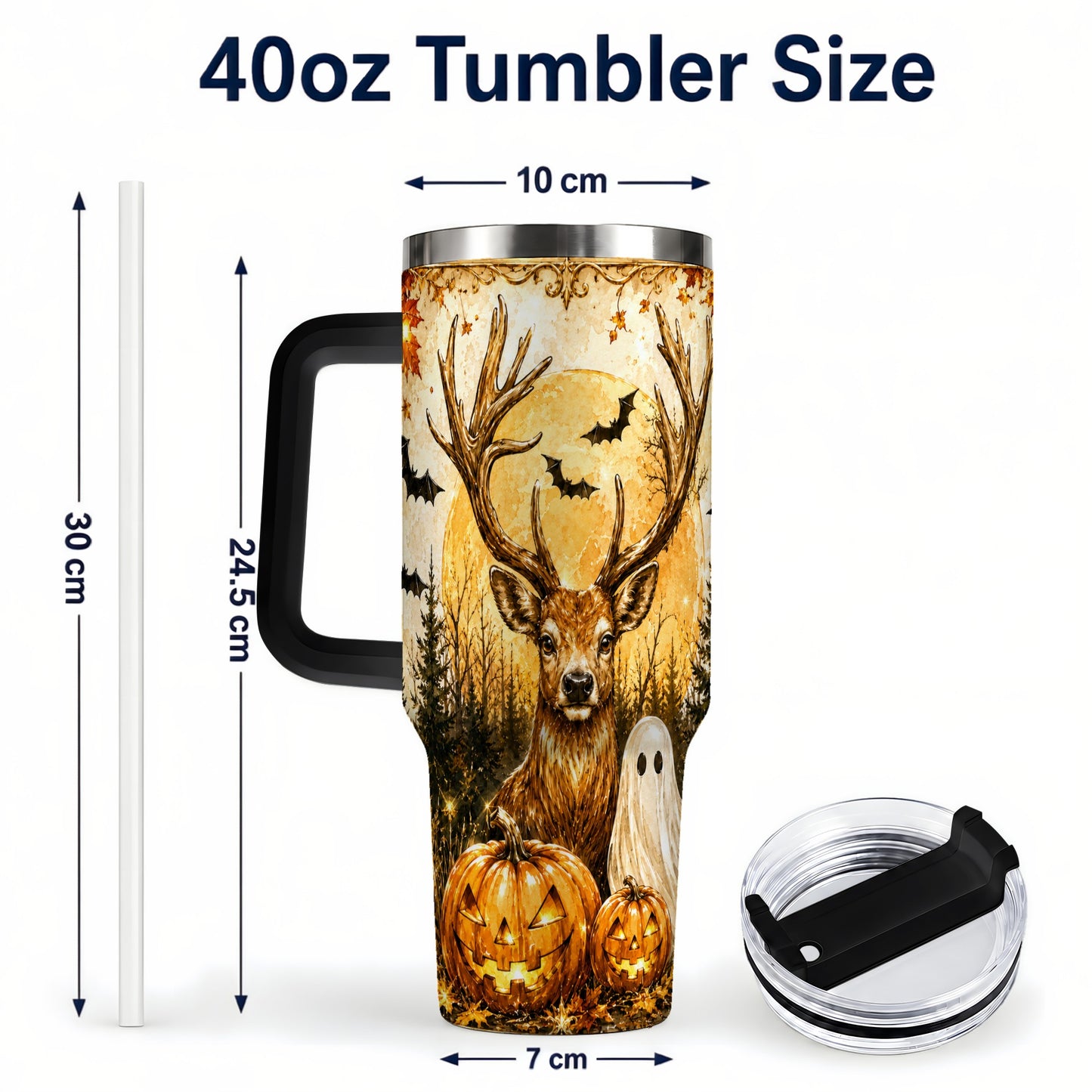 #pl[40oz|Black] Halloween Deer 40oz Tumbler, Ghost Pumpkin Stainless Steel Travel Cup