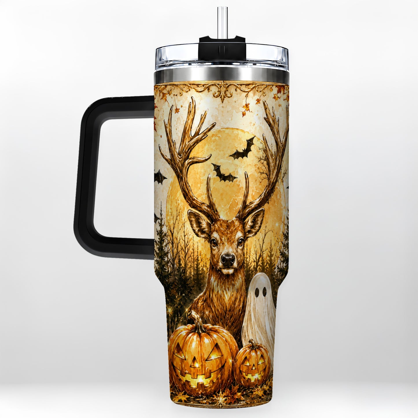 #pl[40oz|Black] Halloween Deer 40oz Tumbler, Ghost Pumpkin Stainless Steel Travel Cup